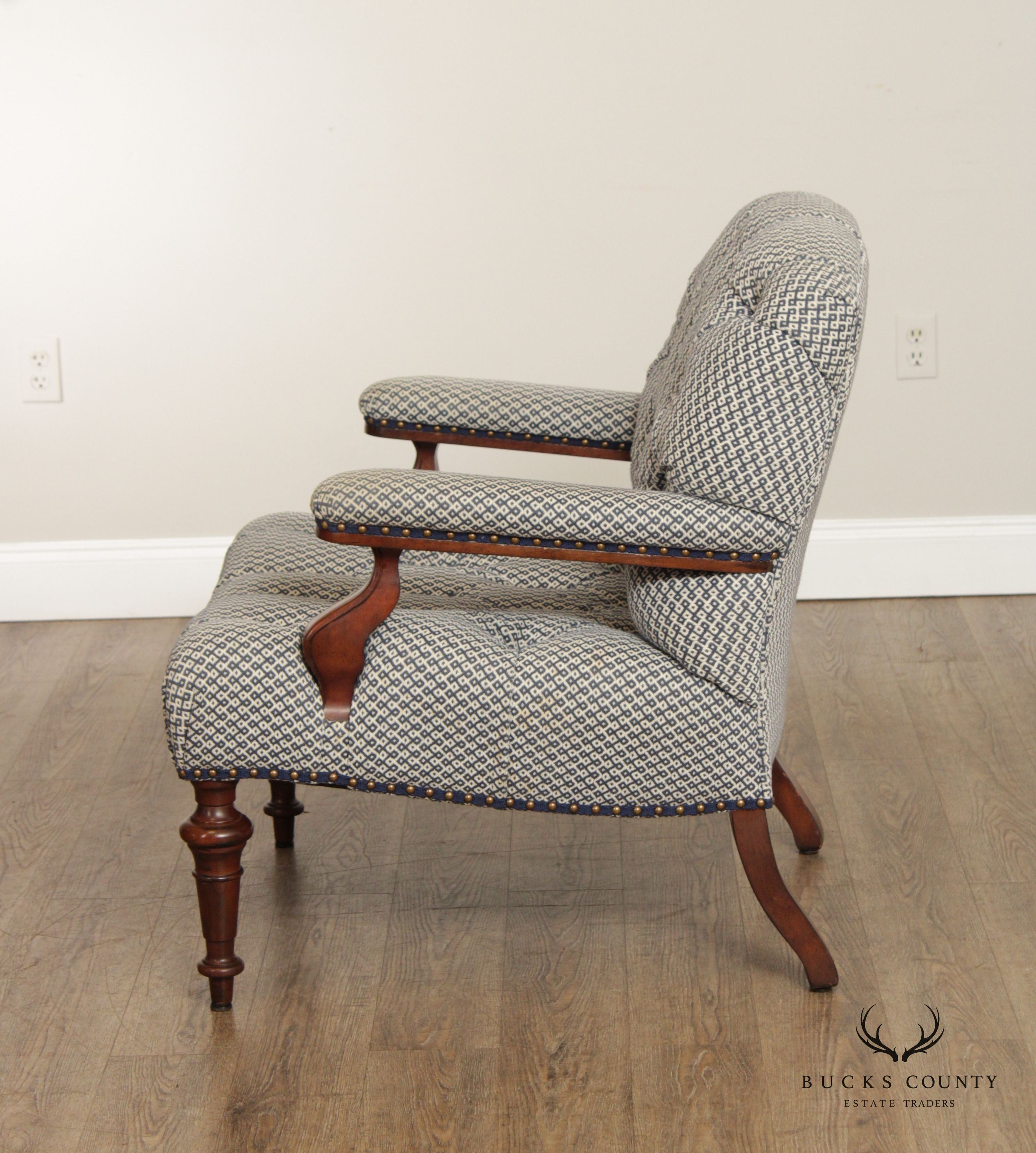 English Traditional Style Pair Of Mahogany Tufted Lounge Chairs