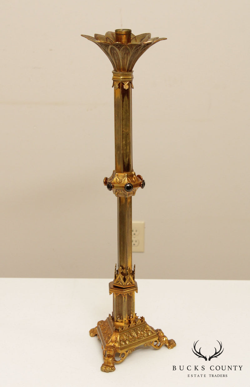 Large Vintage Gothic Candlestick Tall Heavy Brass Medieval Pillar Candle  Holder
