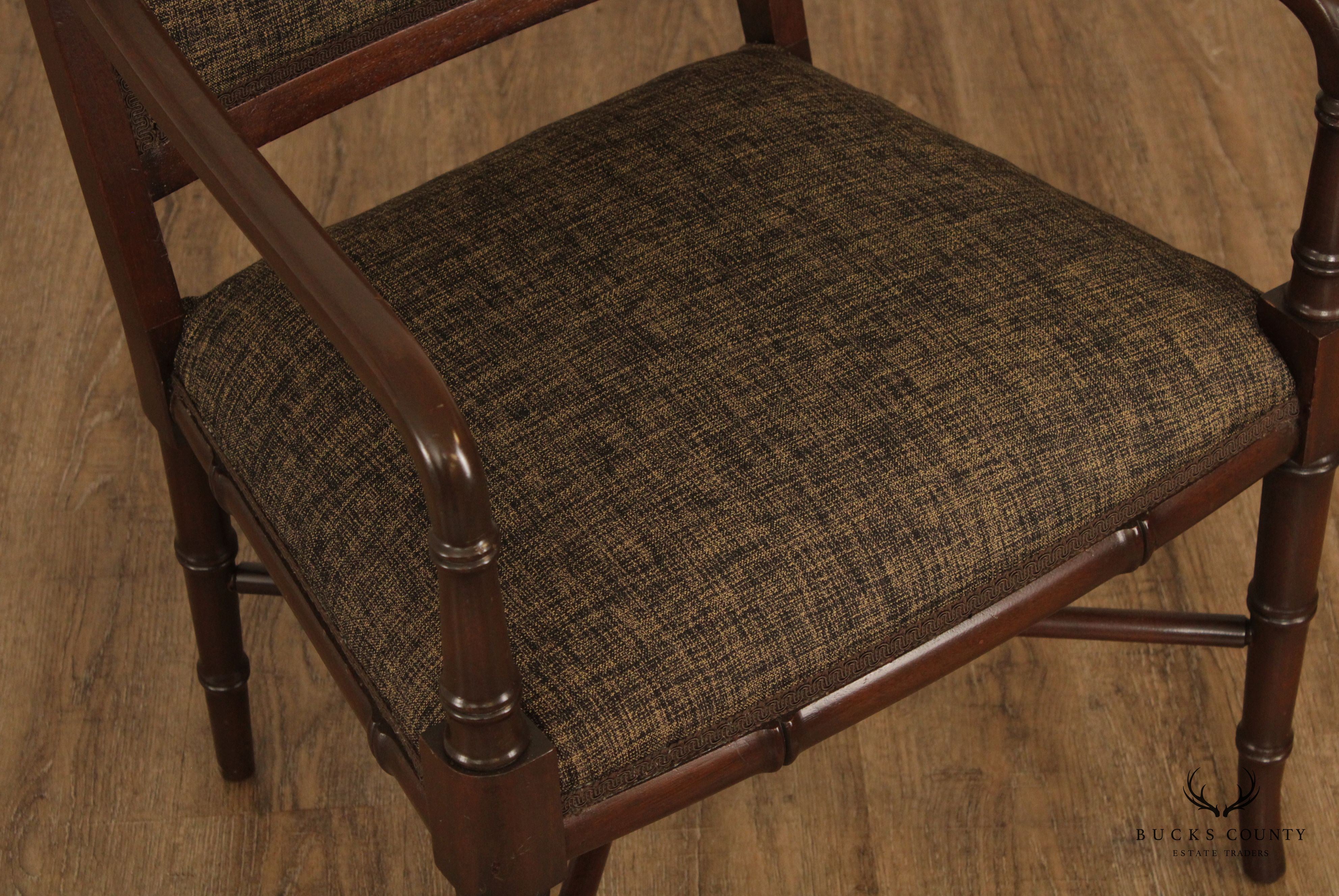 Regency Style Pair Faux Bamboo Mahogany Arm Chairs