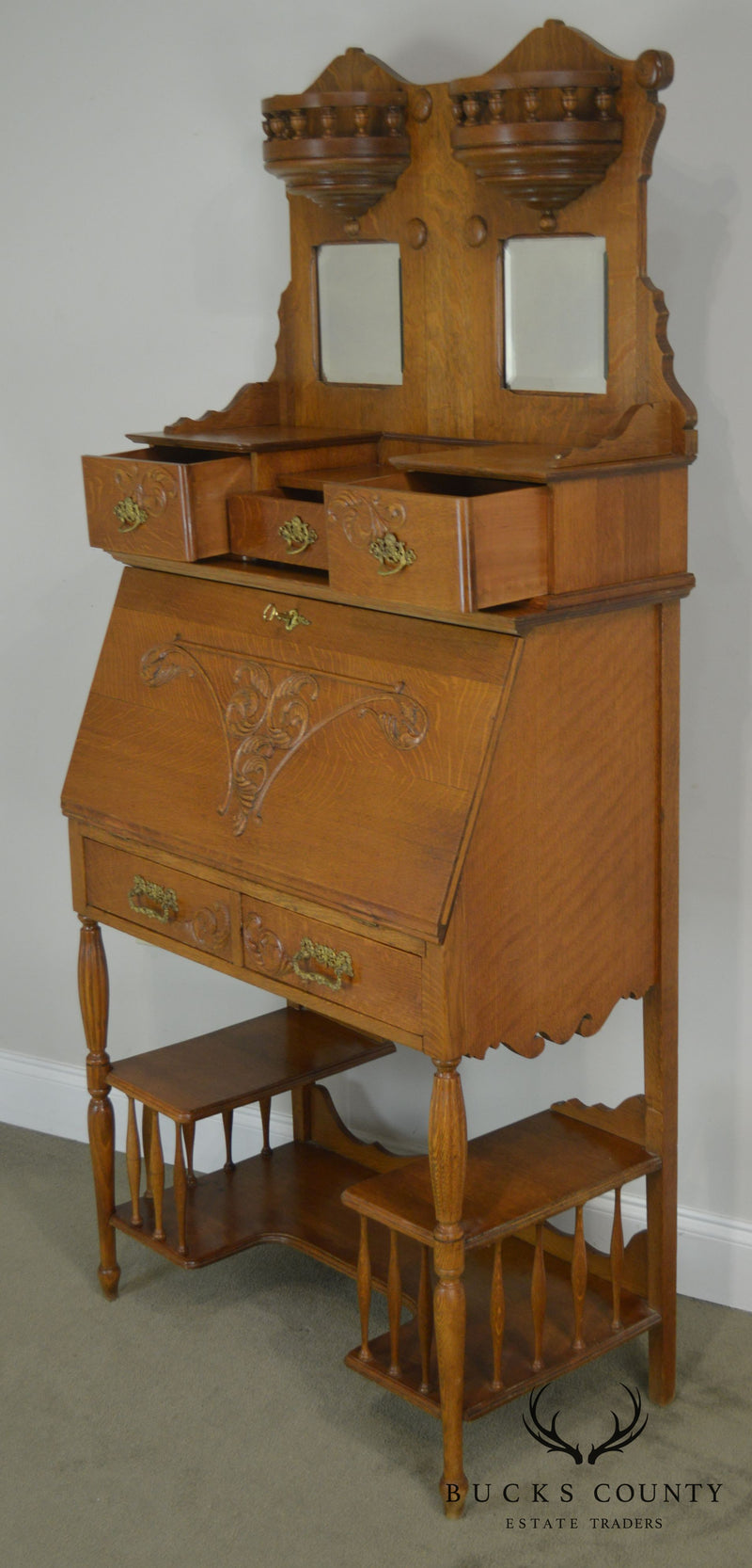 Victorian Antique Golden Oak Slant Front Secretary Desk Etagere