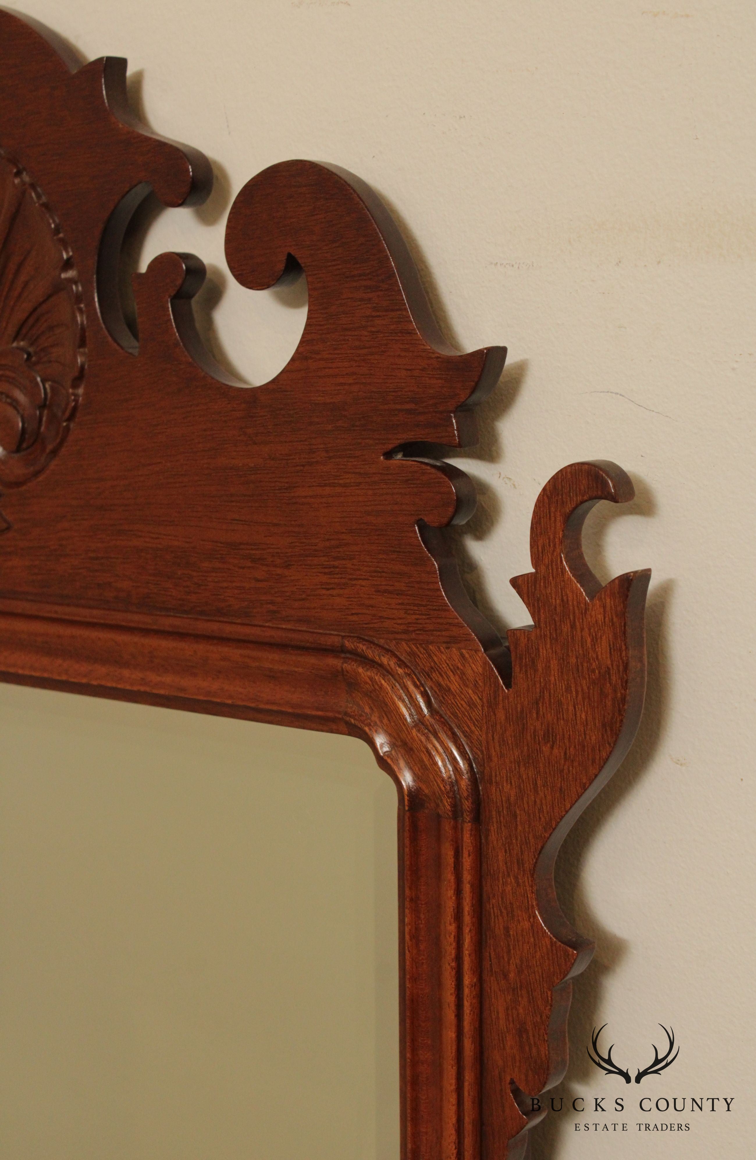 Chippendale Style Custom Crafted Solid Mahogany Shell Carved Beveled Mirror