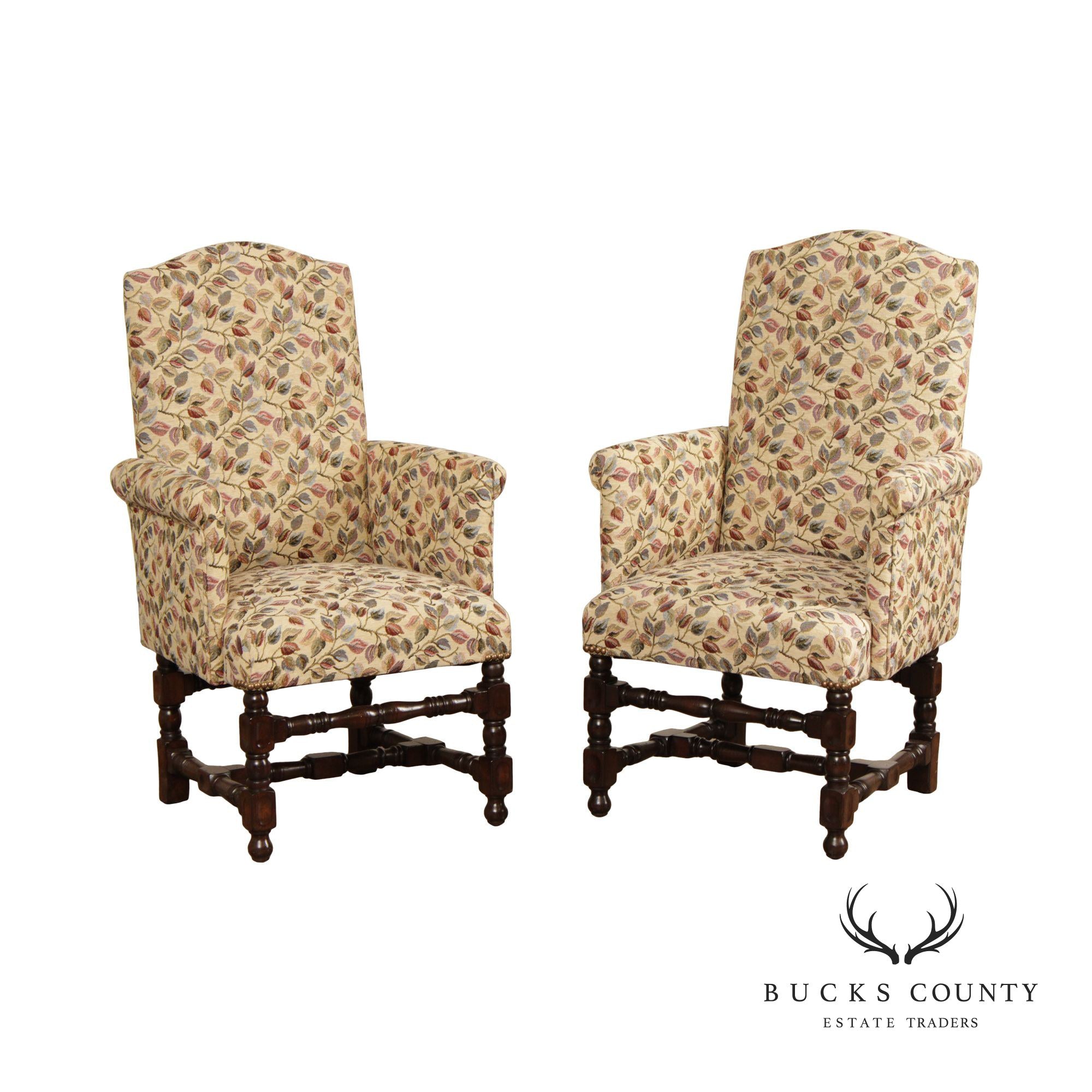 Jacobean Revival Style Pair of Upholstered Children's or Doll Armchairs