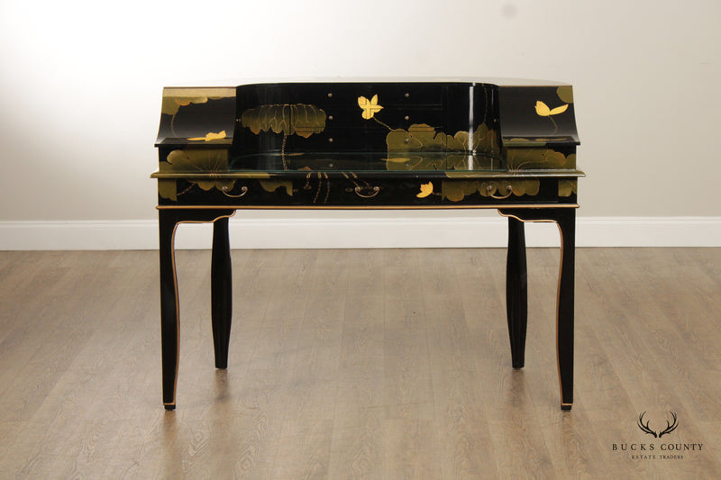 Vintage Black Chinoiserie Paint Decorated Carlton House Writing Desk