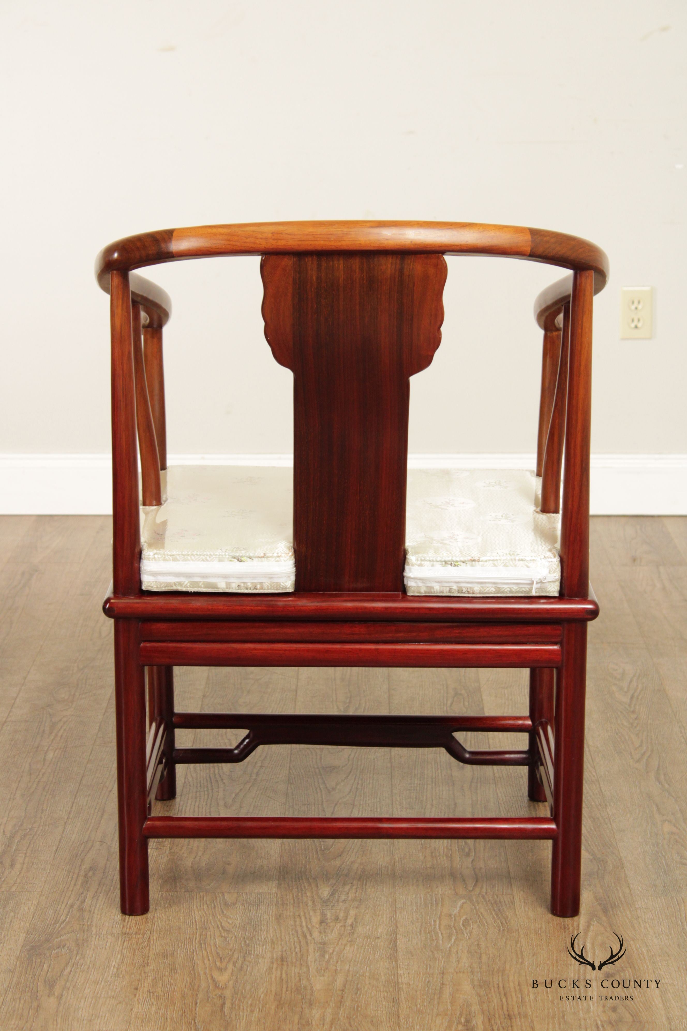 Chinese Pair Rosewood and Mother of Pearl Inlaid Horseshoe Armchairs