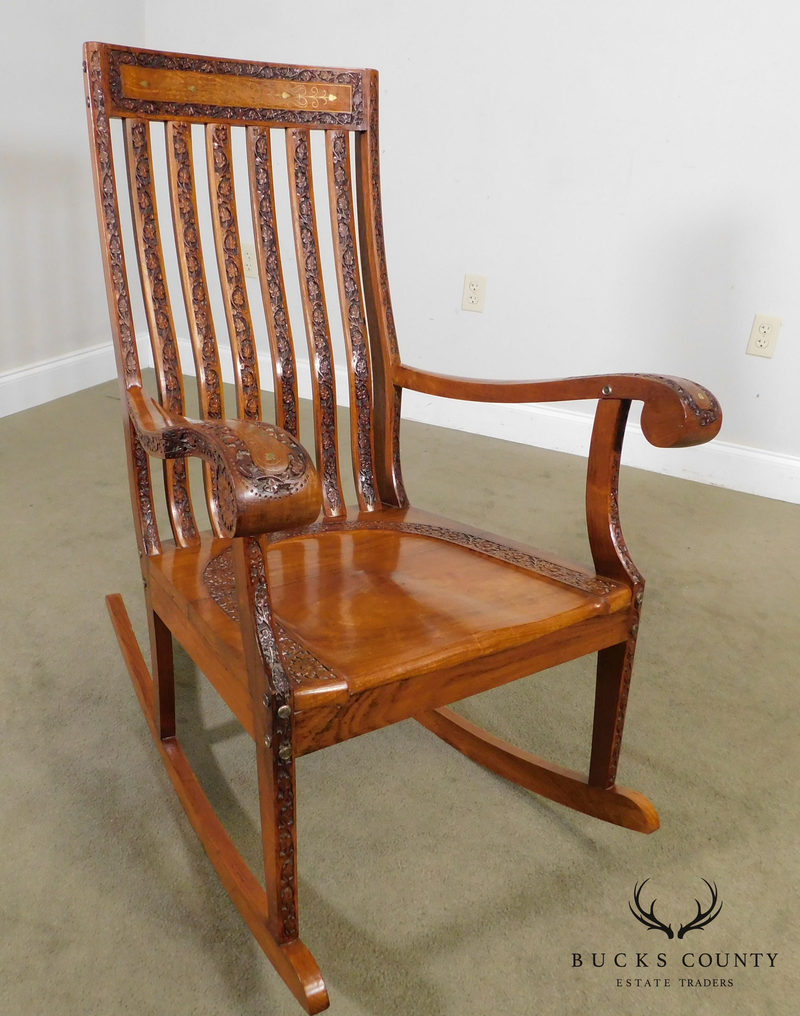 Vintage Indian Carved Hardwood Brass Inlaid Rocker