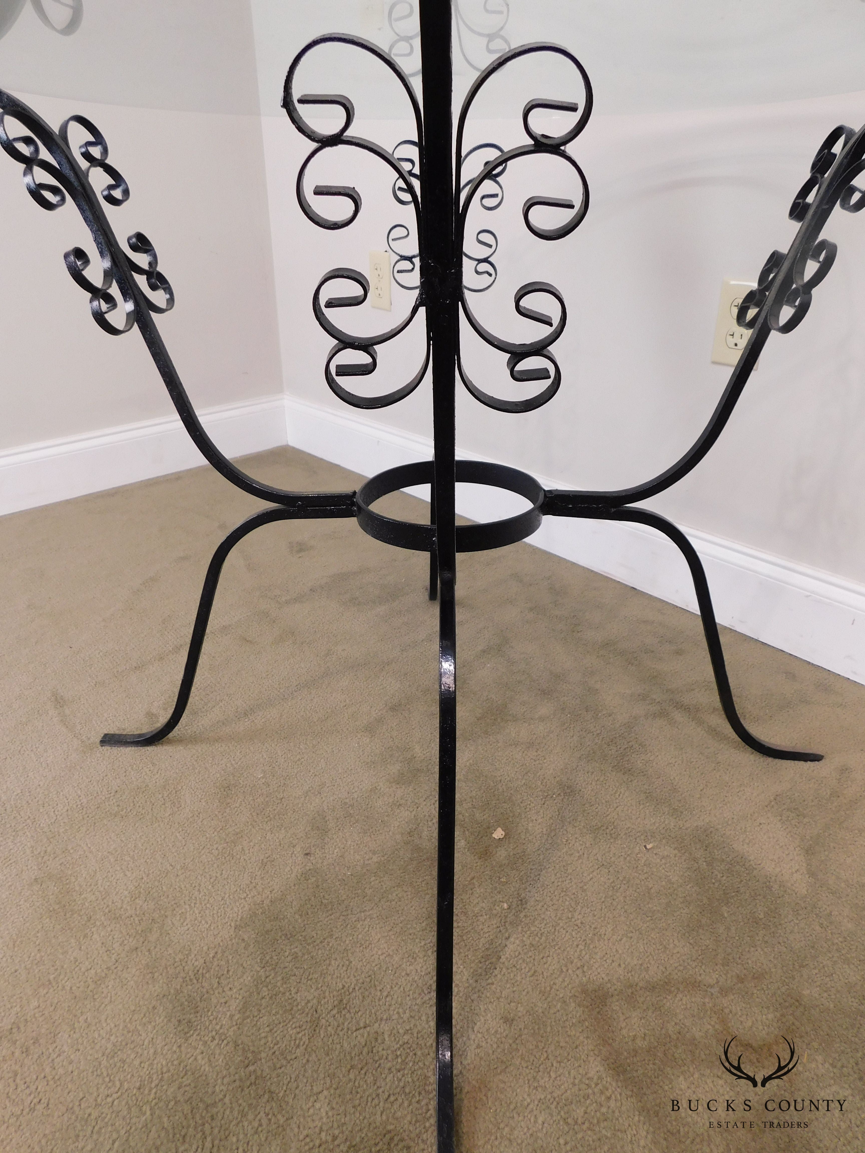 Vintage Black Scrolled Wrought Iron Round Glass Top Table