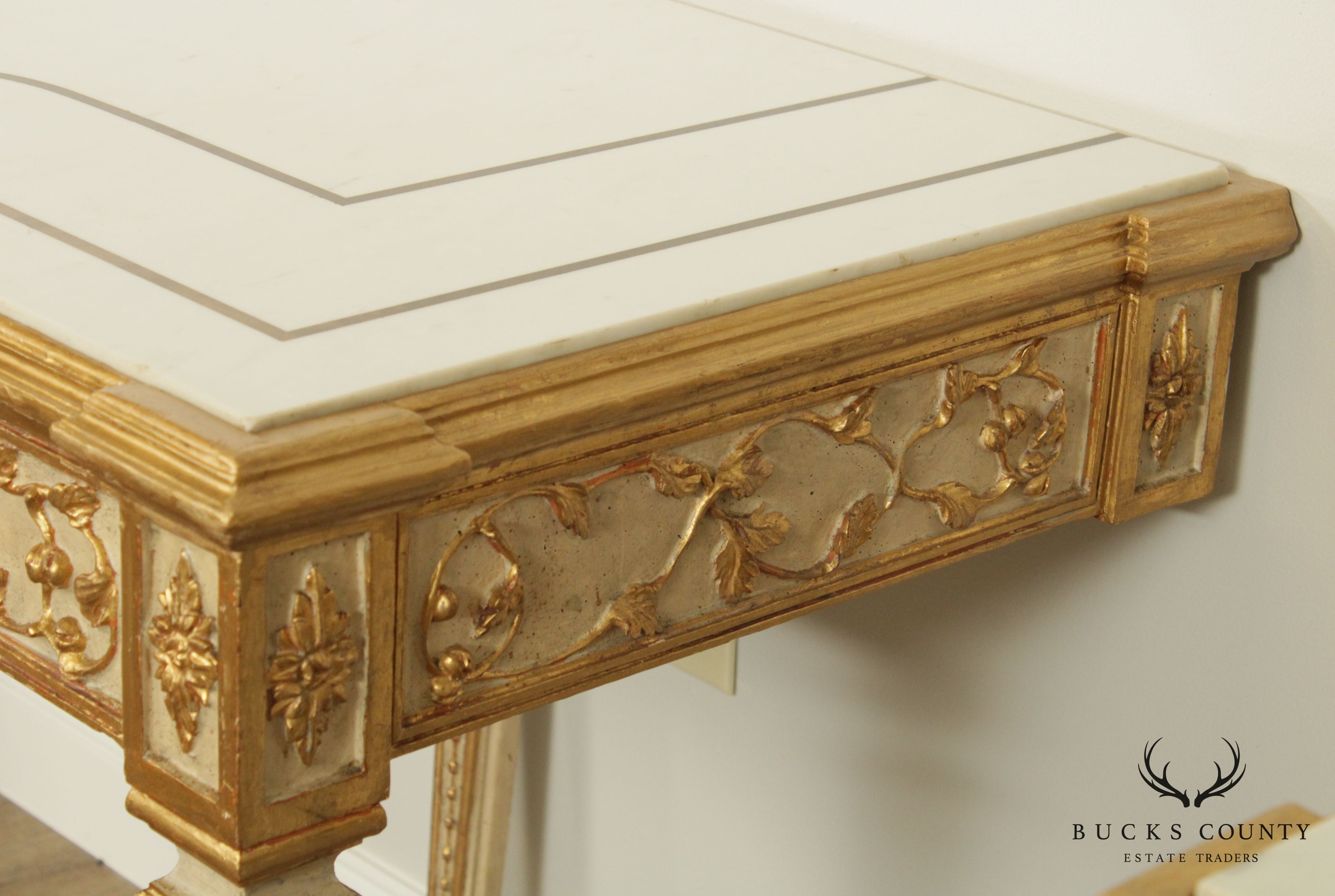 Florentine Pair Gilt Wood and Lacquered Vintage Pair Marble Top Consoles