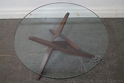 Mid Century Walnut Cubist Splayed Leg Round Glass Top Coffee Table