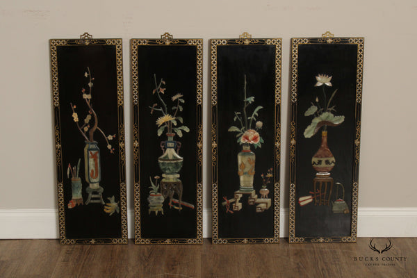 Vintage Chinese Lacquered Carved Soapstone Panels - Set of 4
