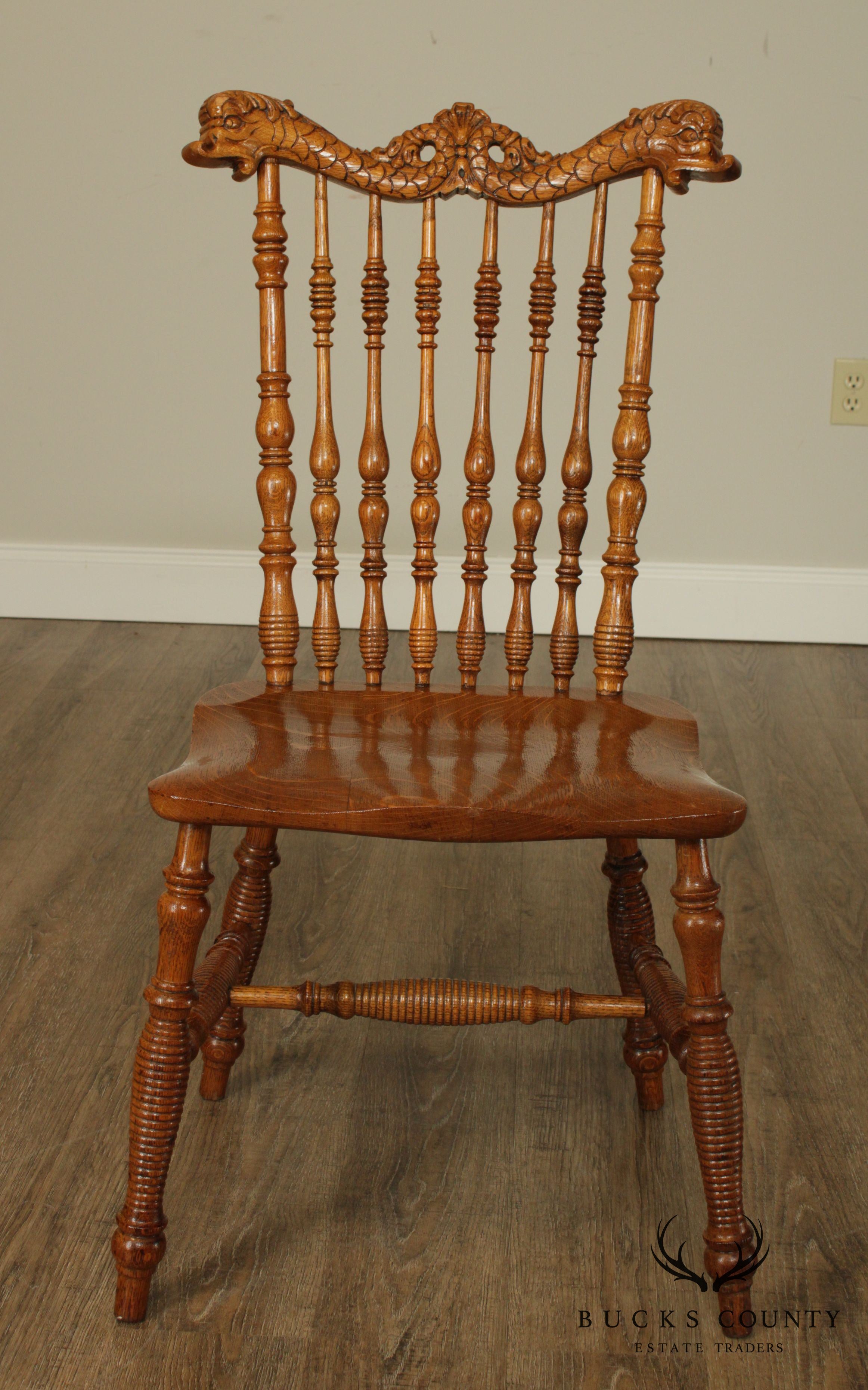 Antique Victorian Oak Turned Spindle Side Chair With Curved Dolphins