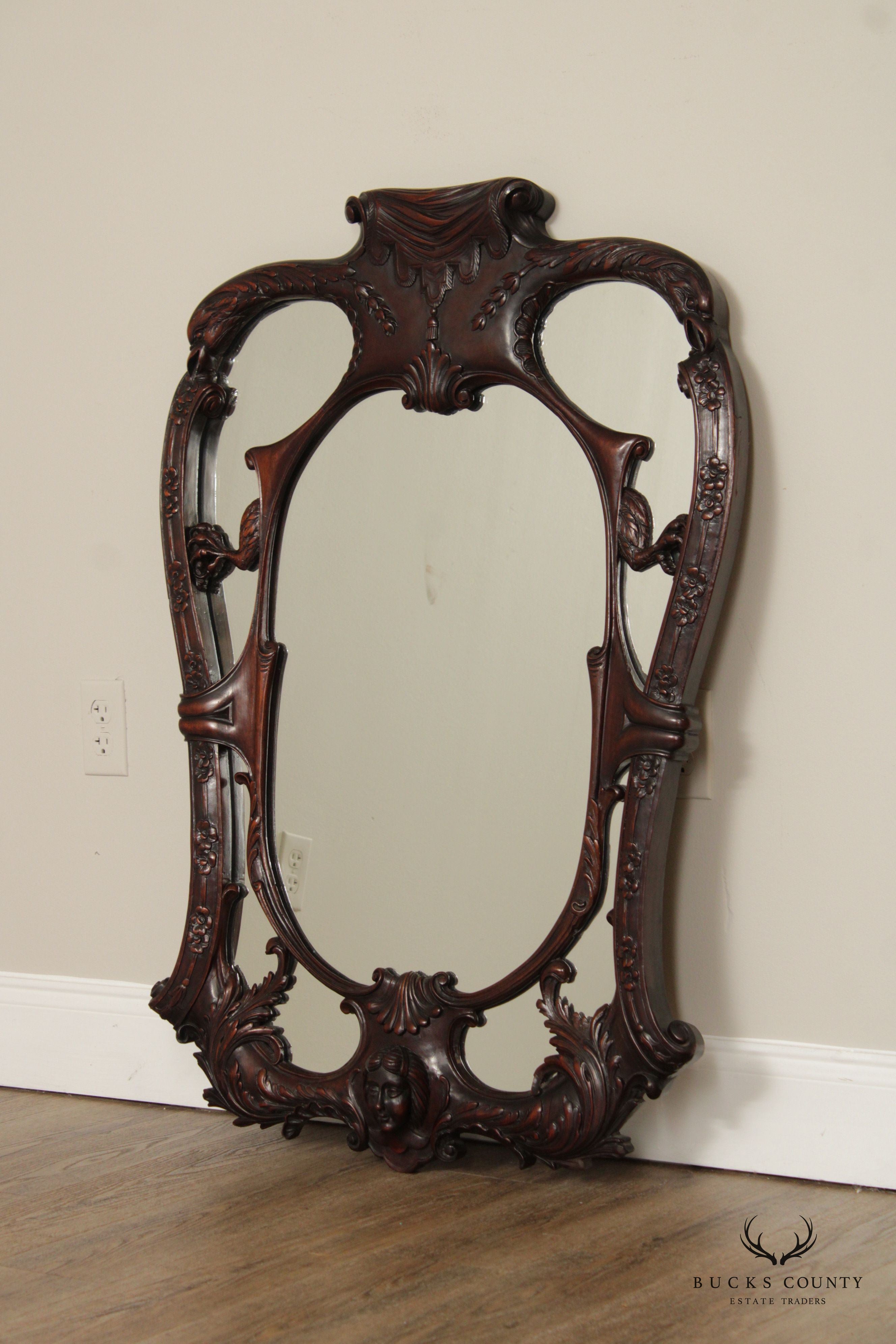 Rococo Style Antique Carved Mahogany Wall Mirror