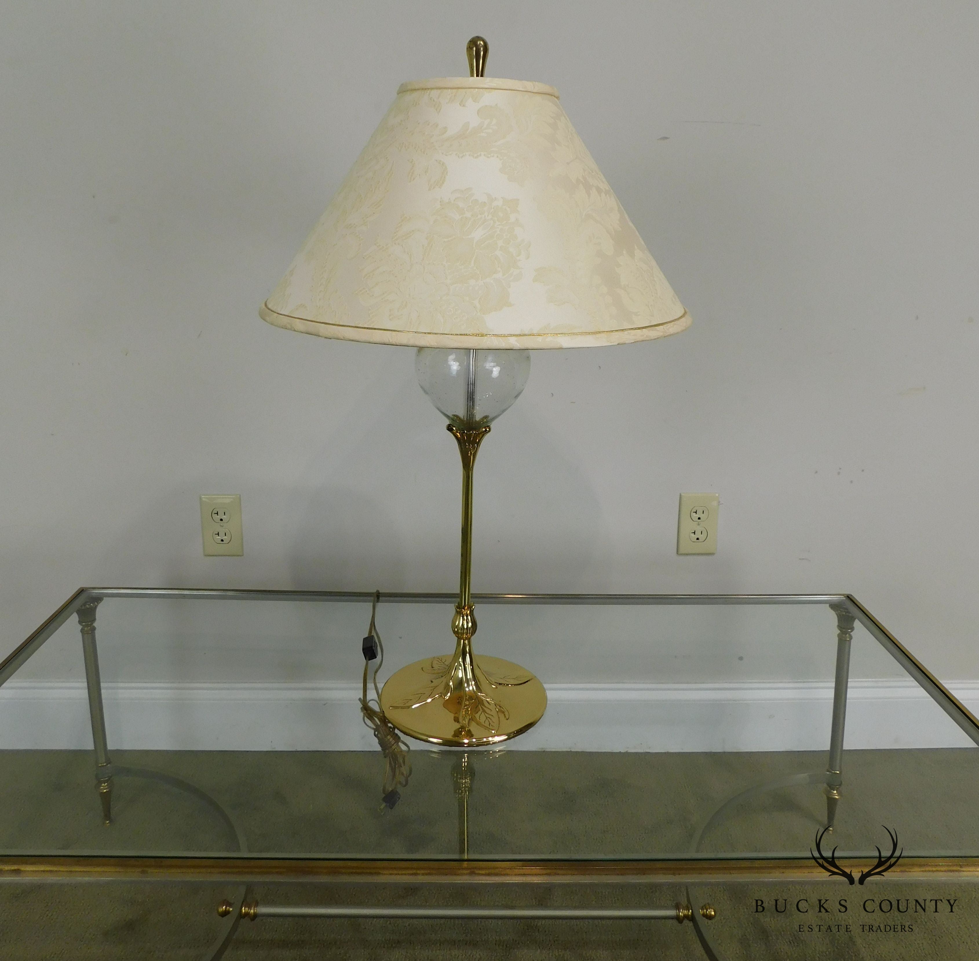 Vintage Pair of Quoizel Brass and Glass Foliate Table Lamps W/Shades