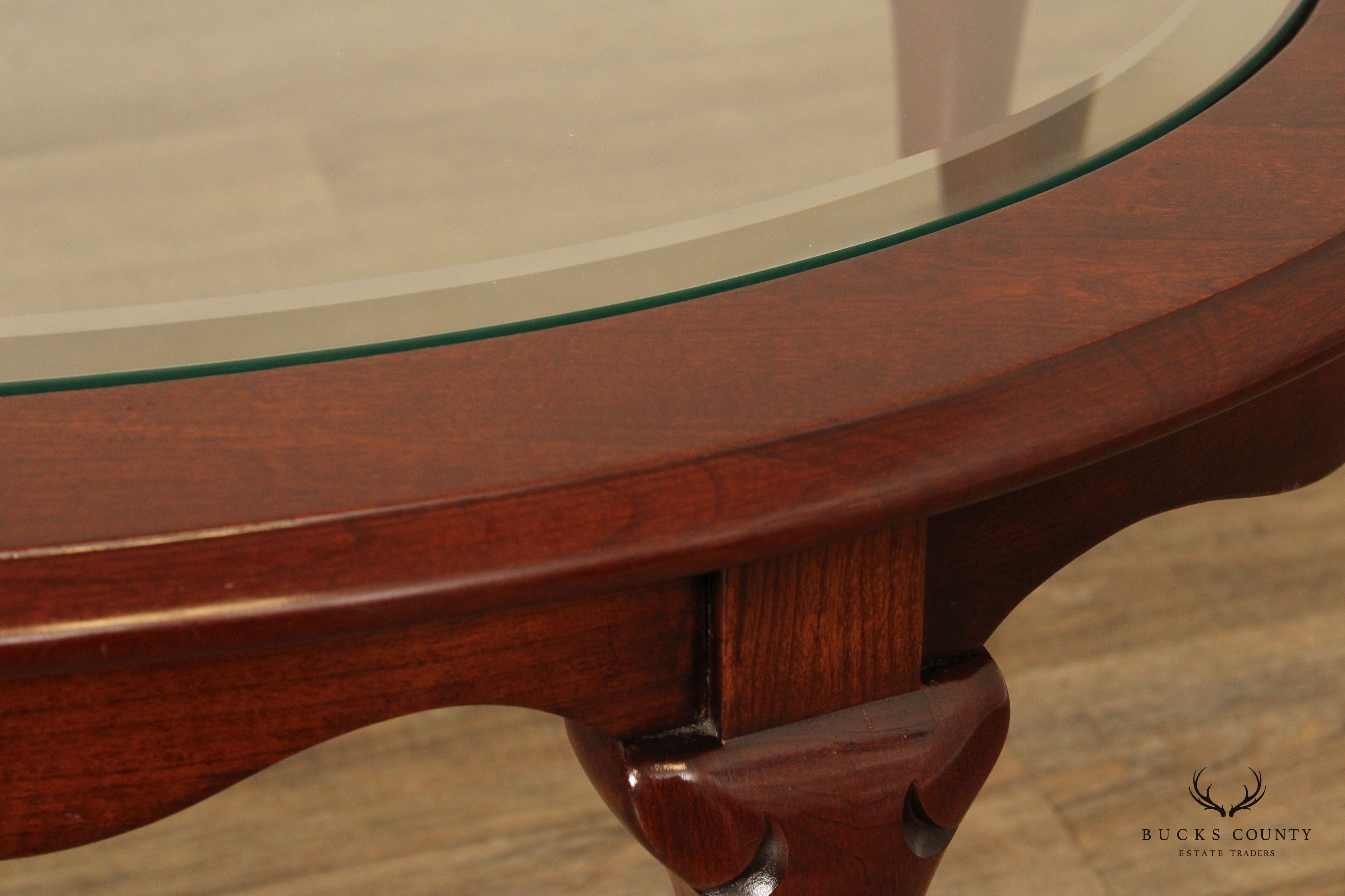 Queen Anne Style Carved Cherry Oval Glass Top Coffee Table