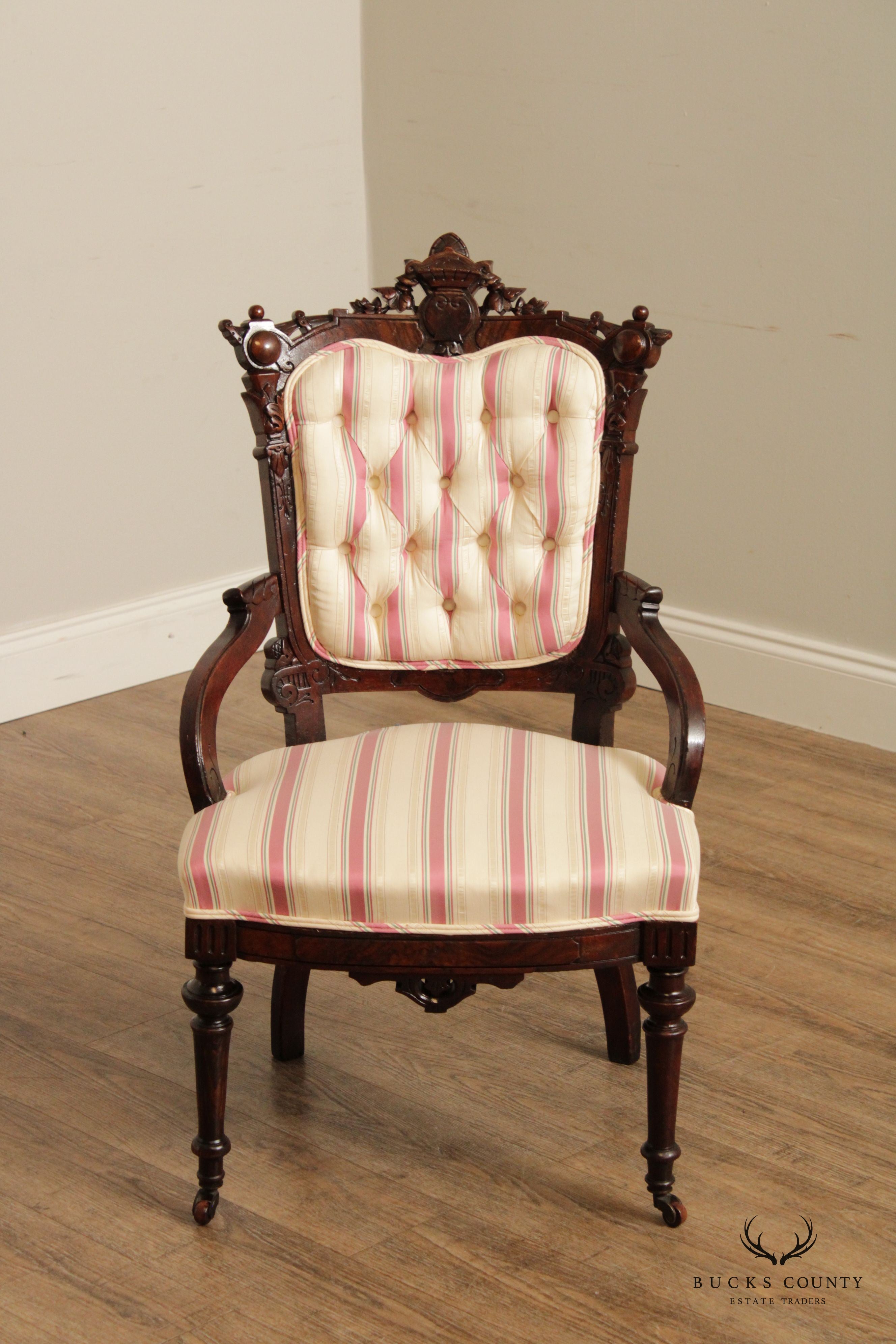 Antique Victorian Renaissance Carved Walnut Pair Of Armchairs