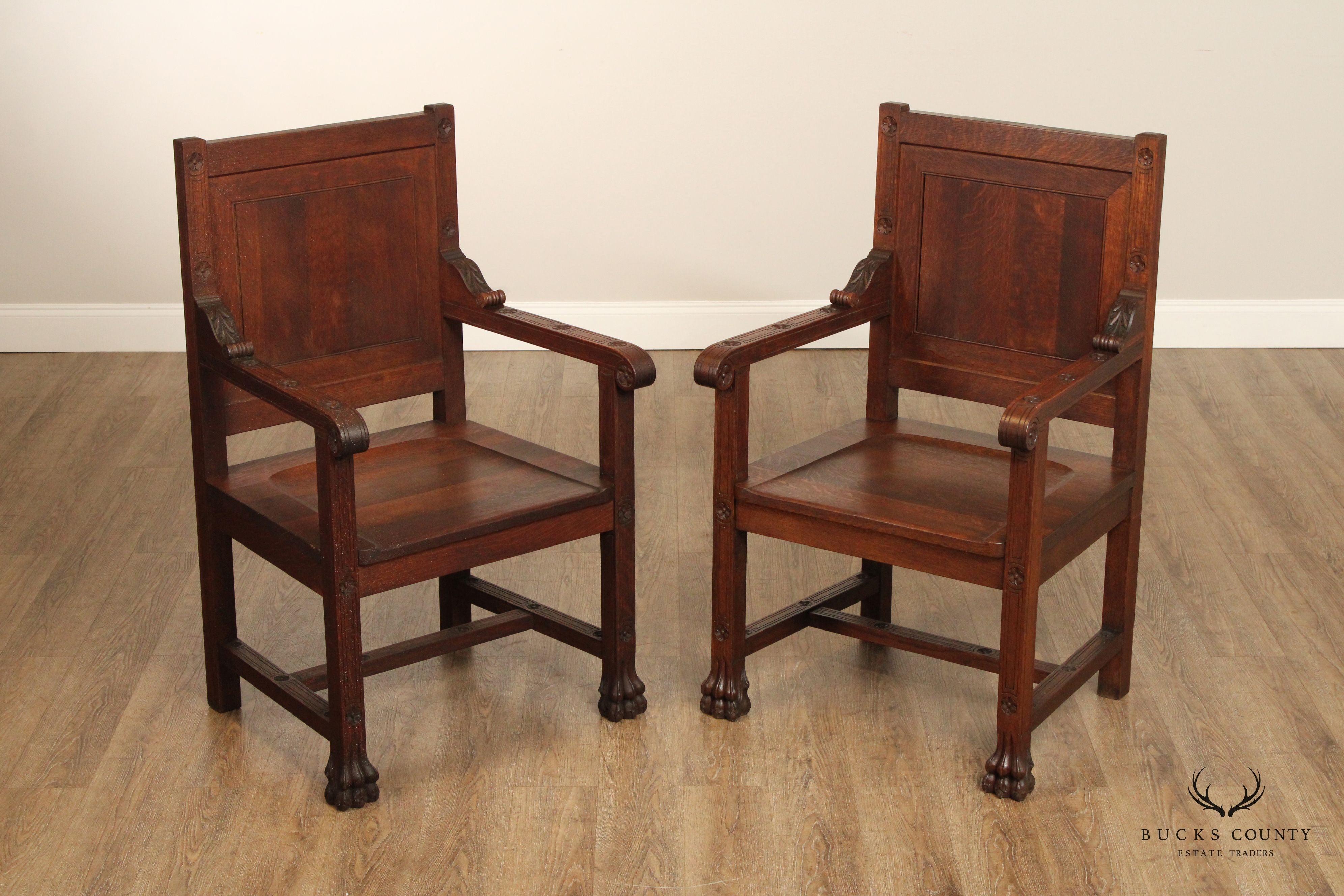 English Traditional Pair of Carved Oak Wainscot Armchairs