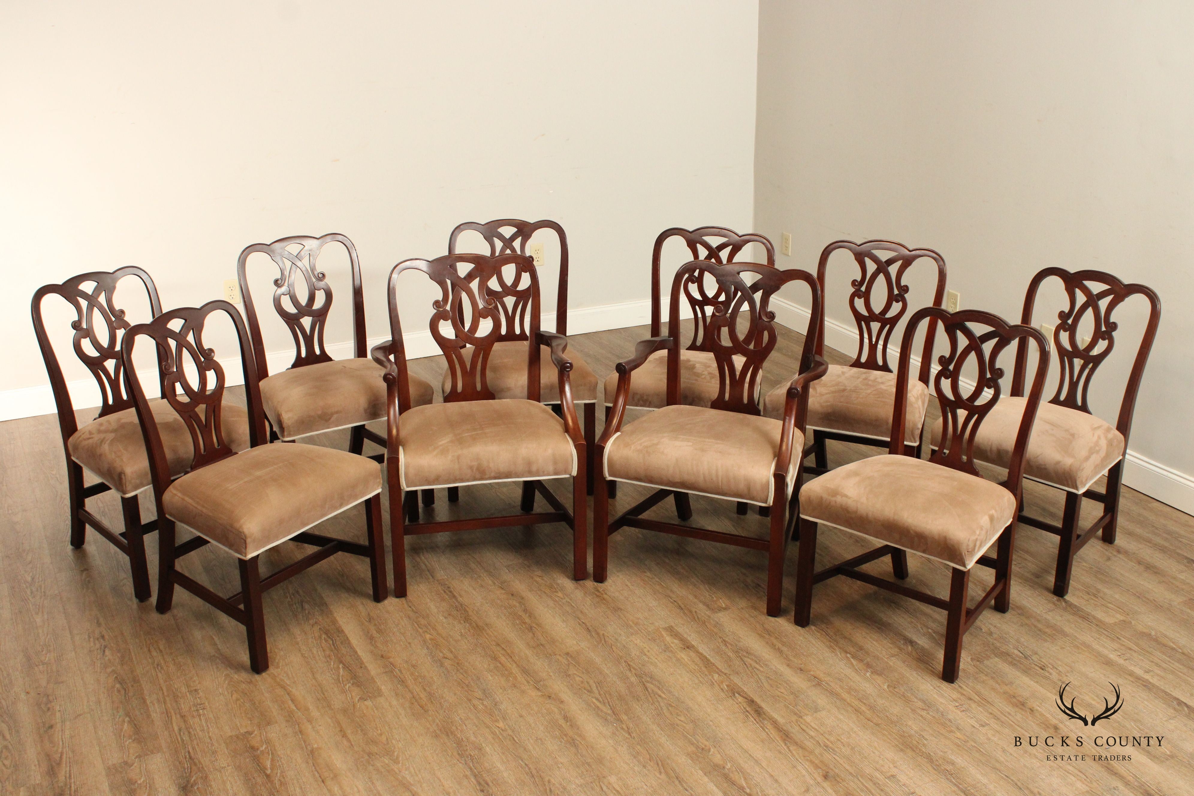 Baker Furniture Chippendale Style Vintage Set of Ten Carved Mahogany Dining Chairs