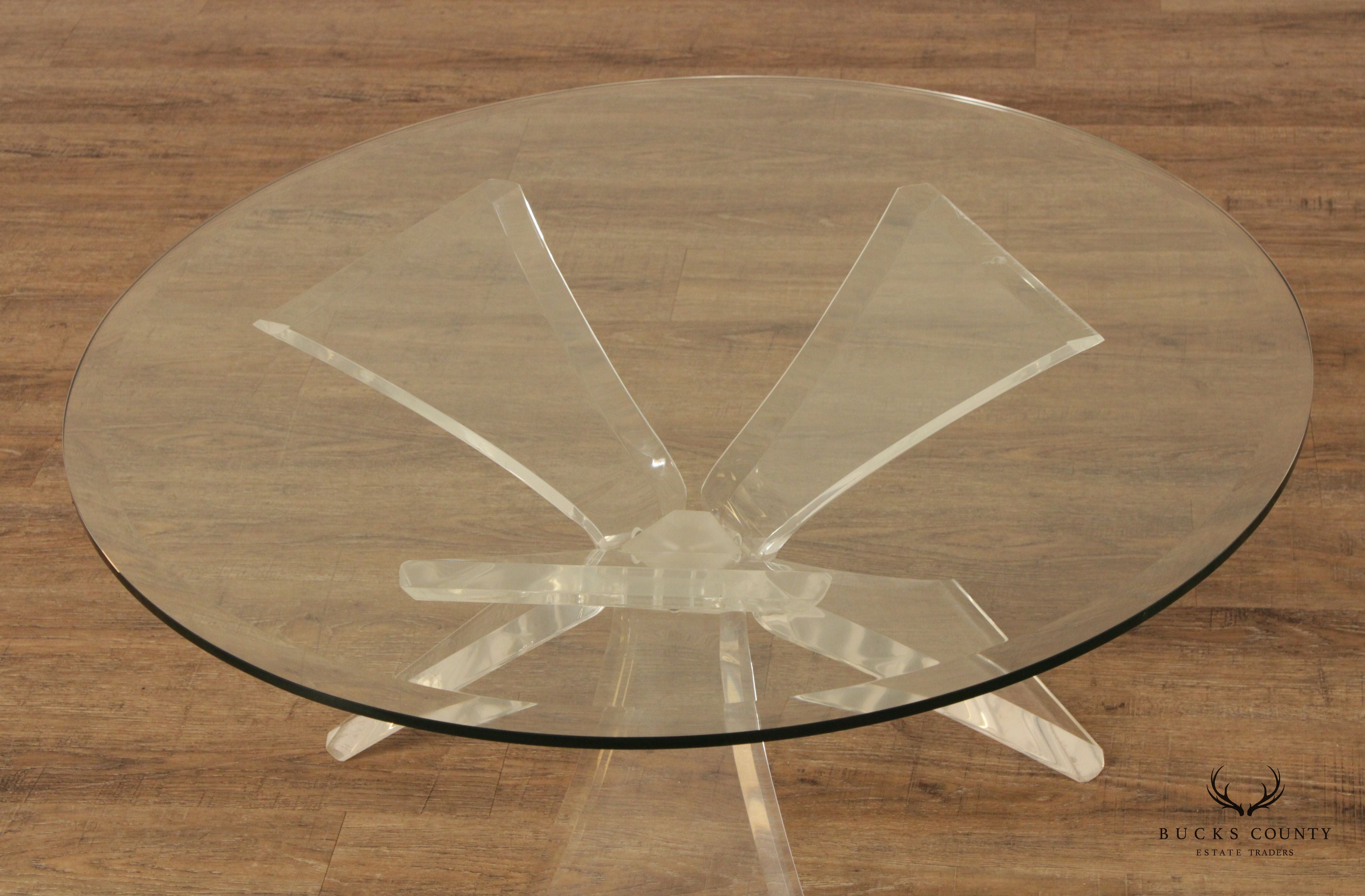 Post Modern Round Glass Top Acrylic Base Butterfly Coffee Table