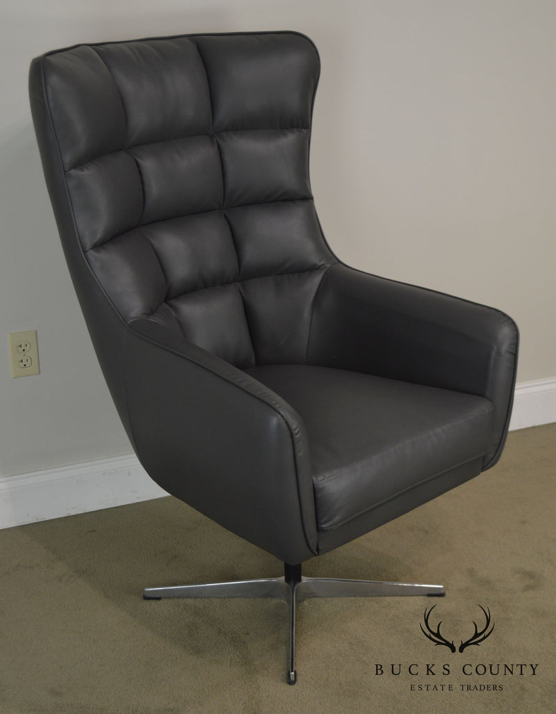 Mid Century Modern Style Grey Faux Leather Swivel Chrome Base Chair