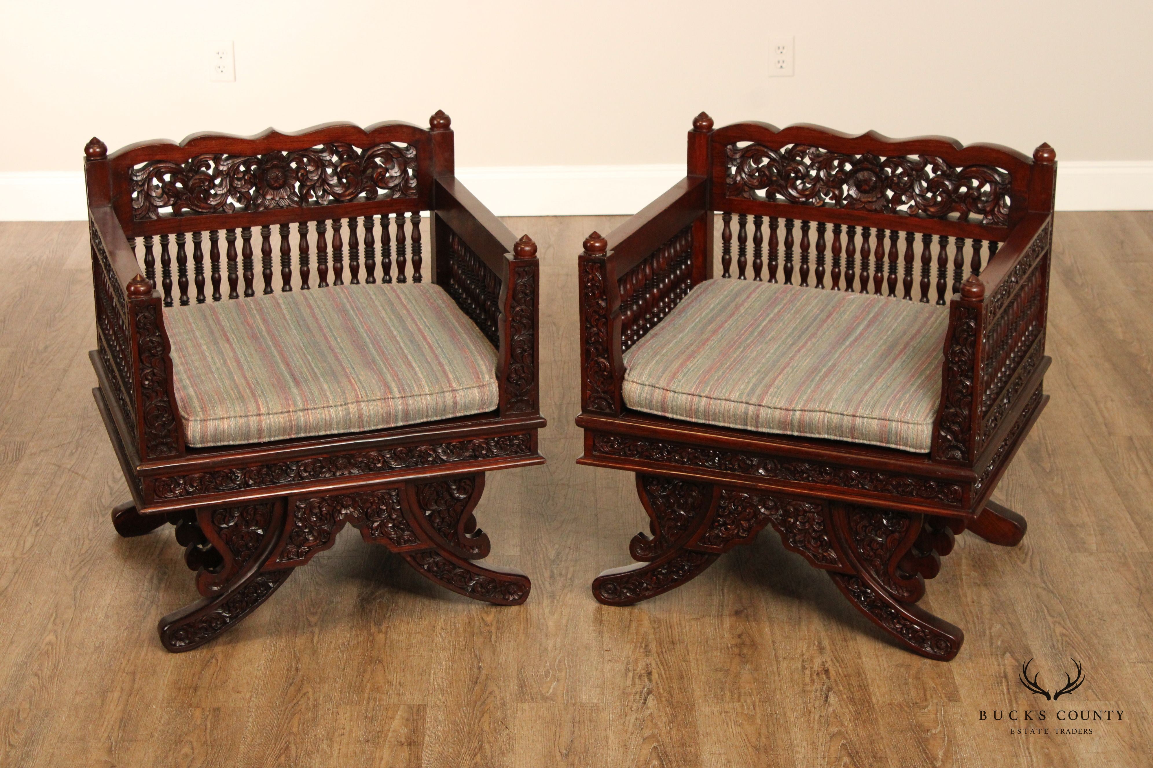 Thai Pair of Carved Teak Elephant Saddle Howdah Chairs