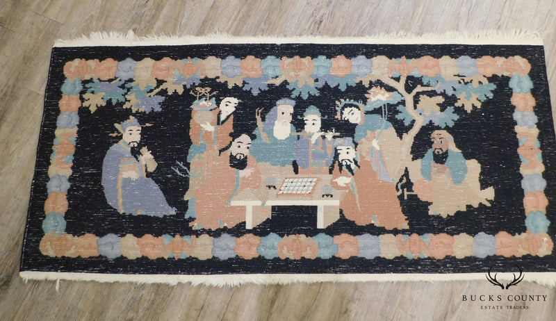 Pictorial Chinese Wool Area Rug 5'7" x 2'8" 2 Scholars Playing Board Game "Qi"