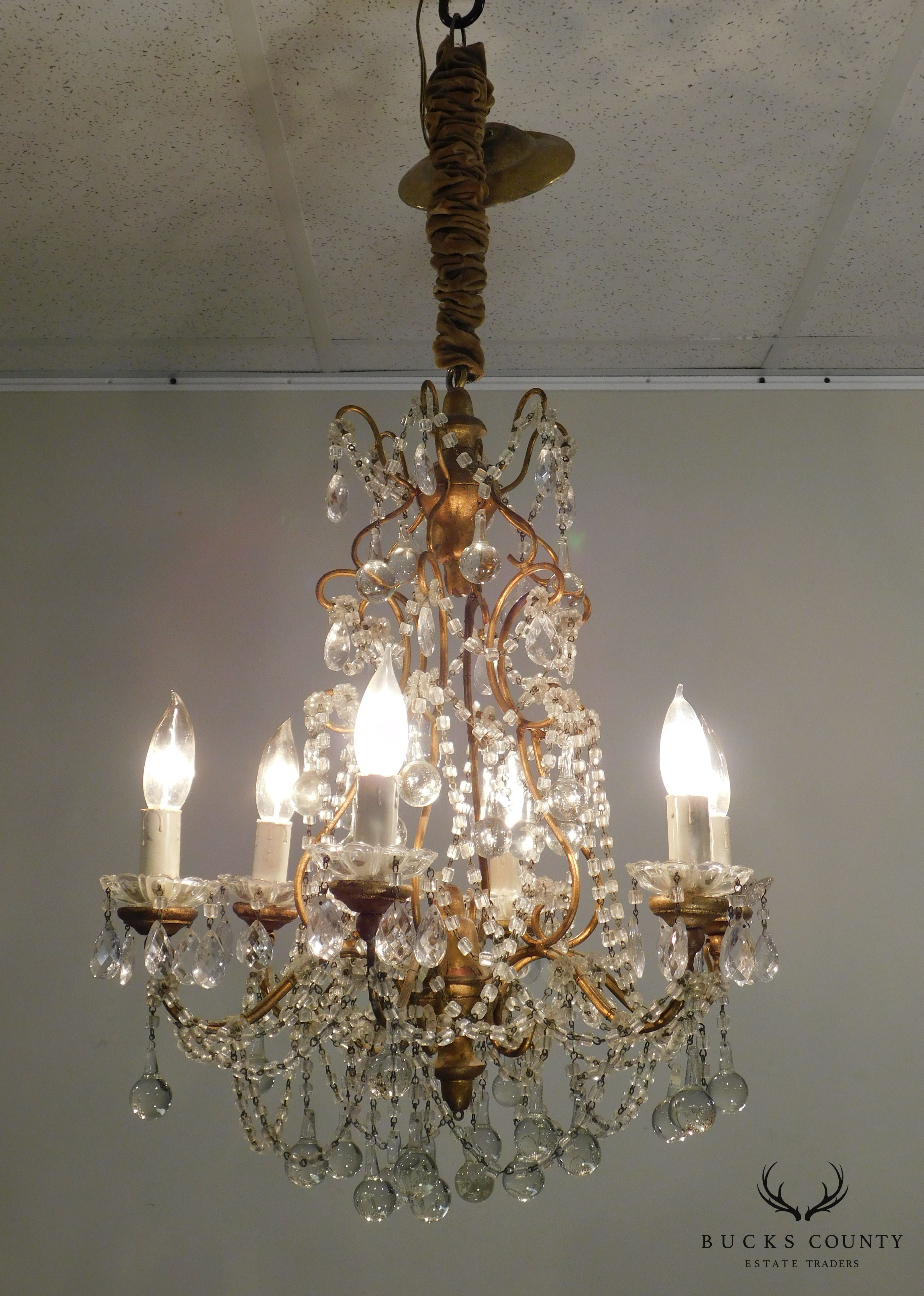 Vintage Italian Gilt Metal Chandelier with Teardrop Prisms