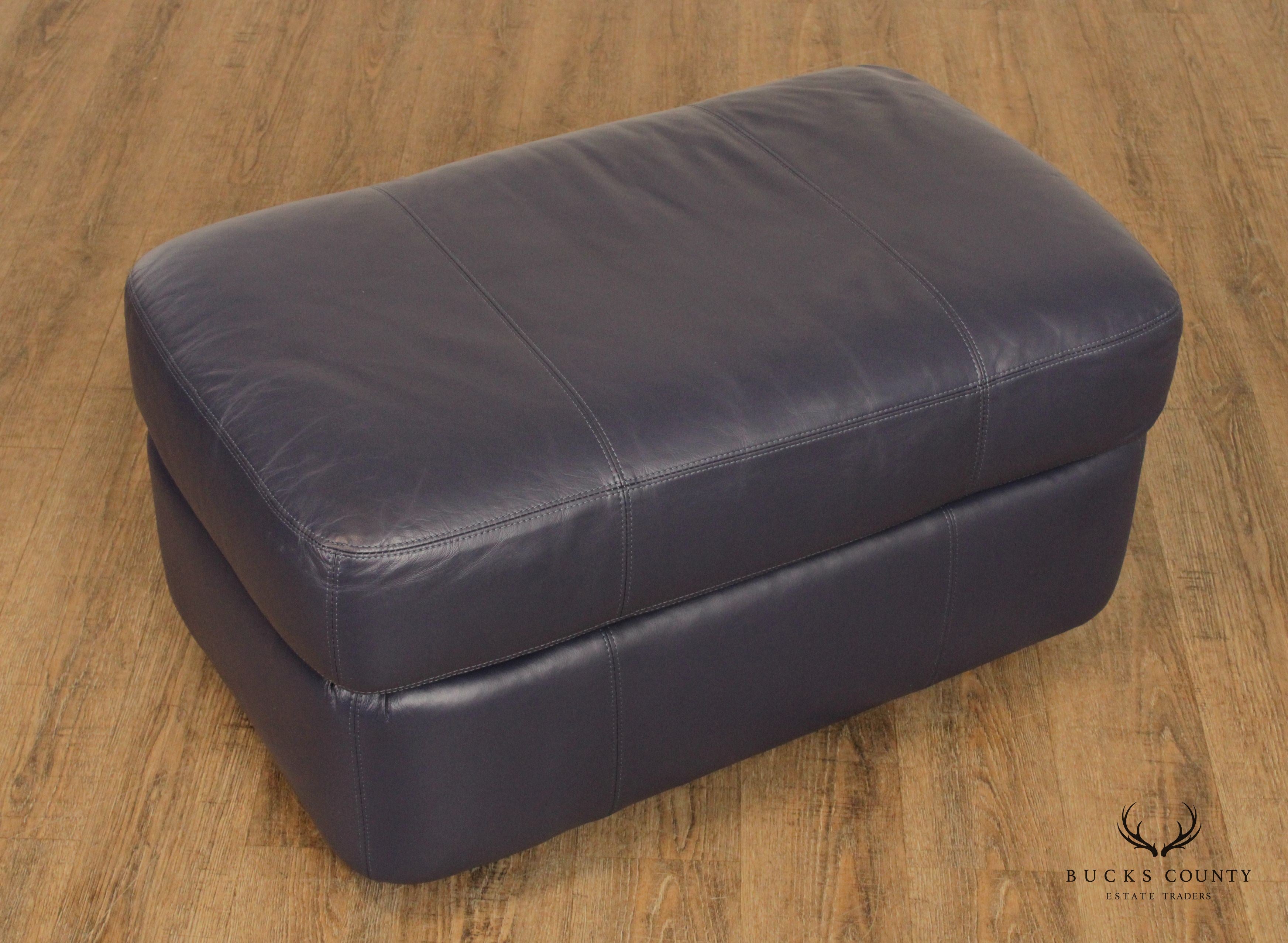 Henredon Vintage Pair of Blue Leather Ottomans