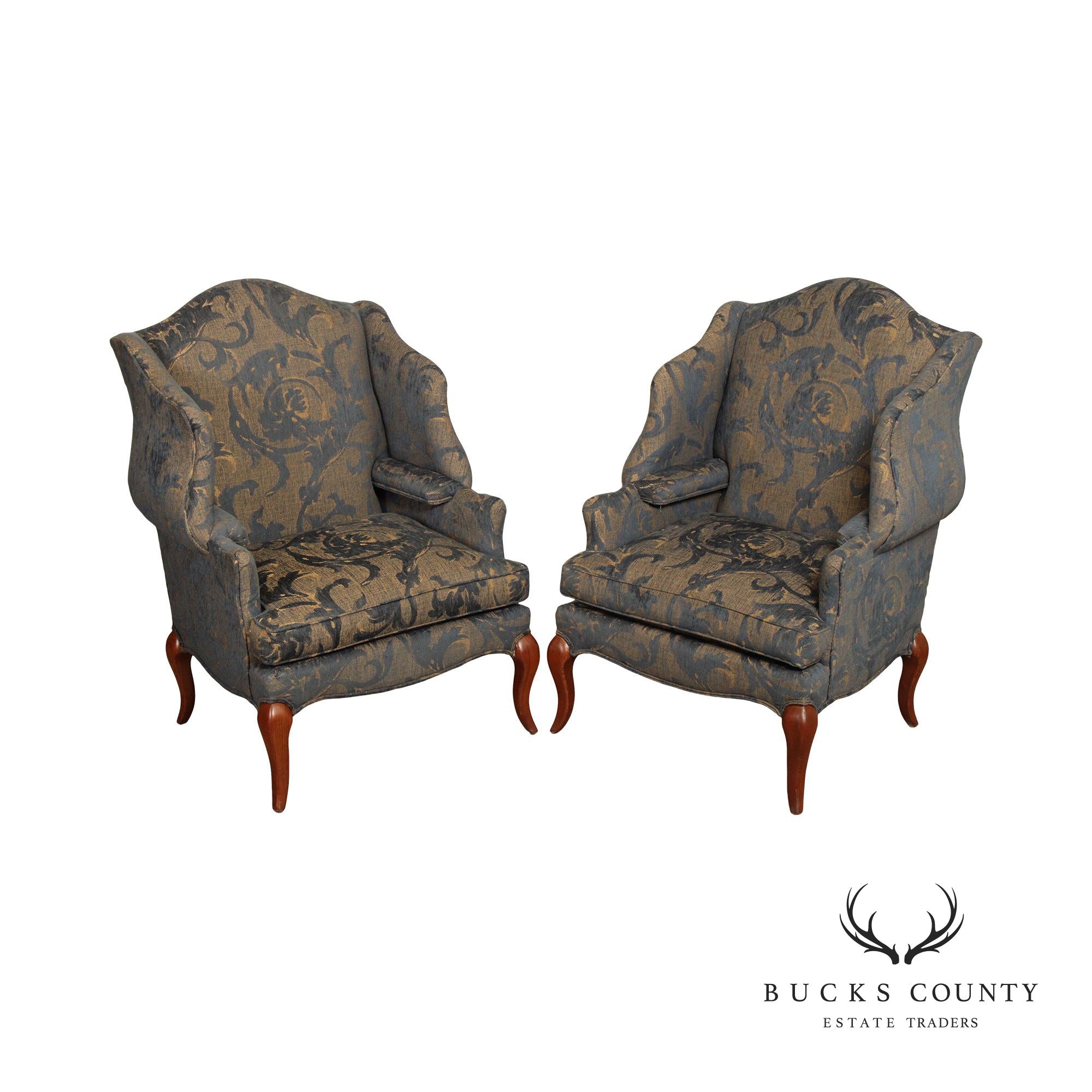 Pearson French Style Pair of Custom Upholstered Wing Chairs