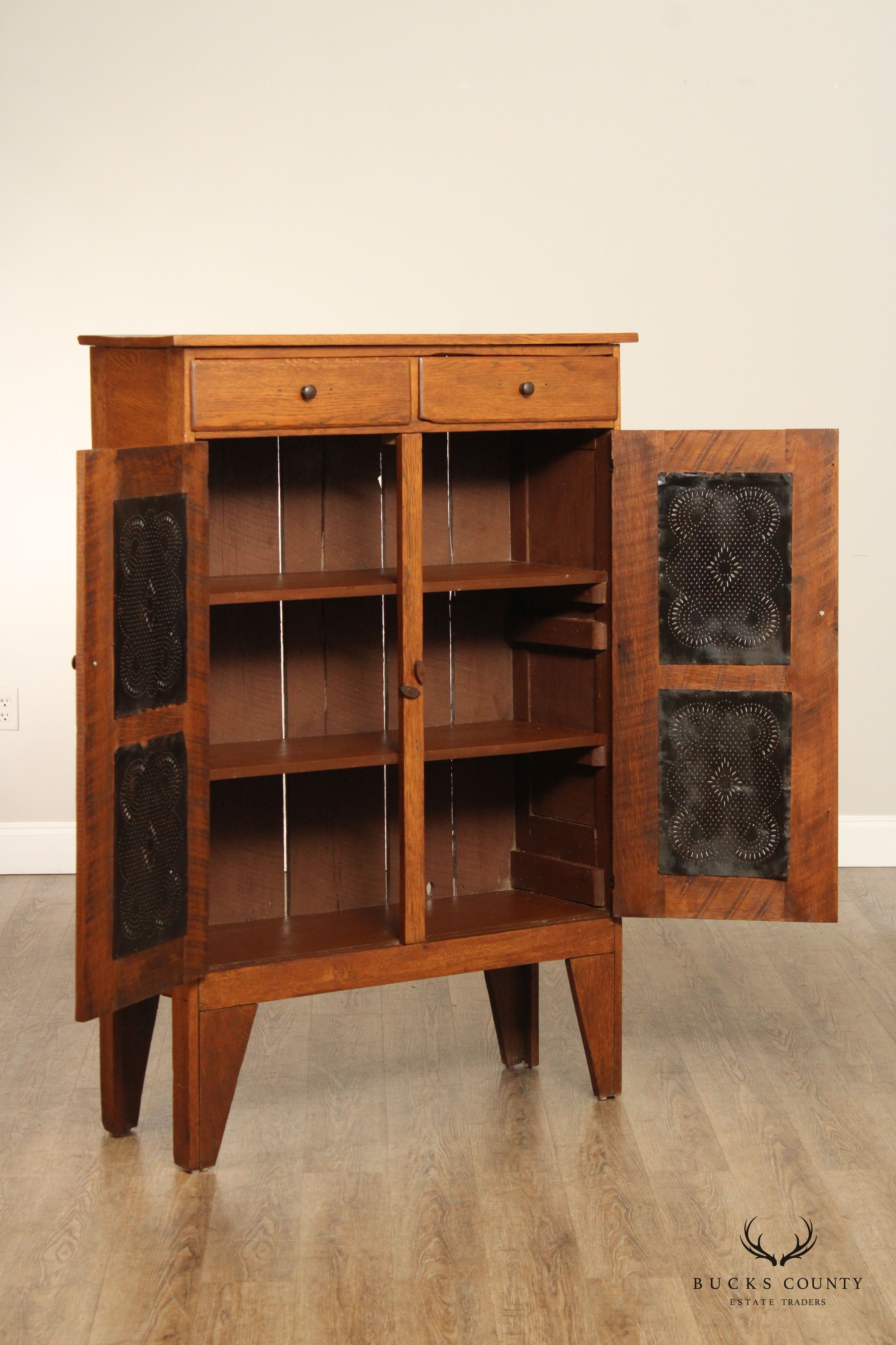 Antique American Oak and Punched Tin Pie Safe Cabinet