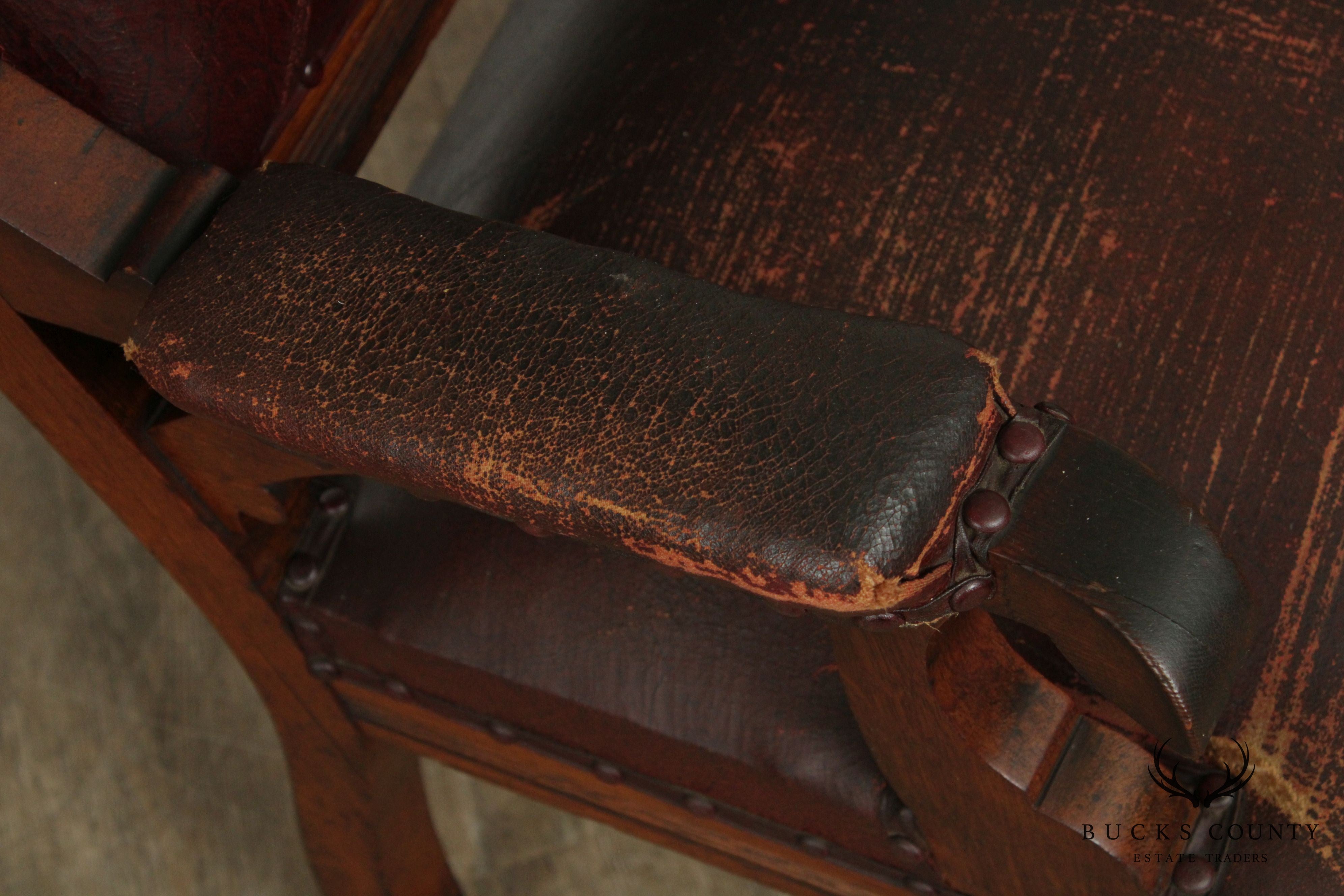 Antique Victorian Oak Pair High Back Masonic Armchairs