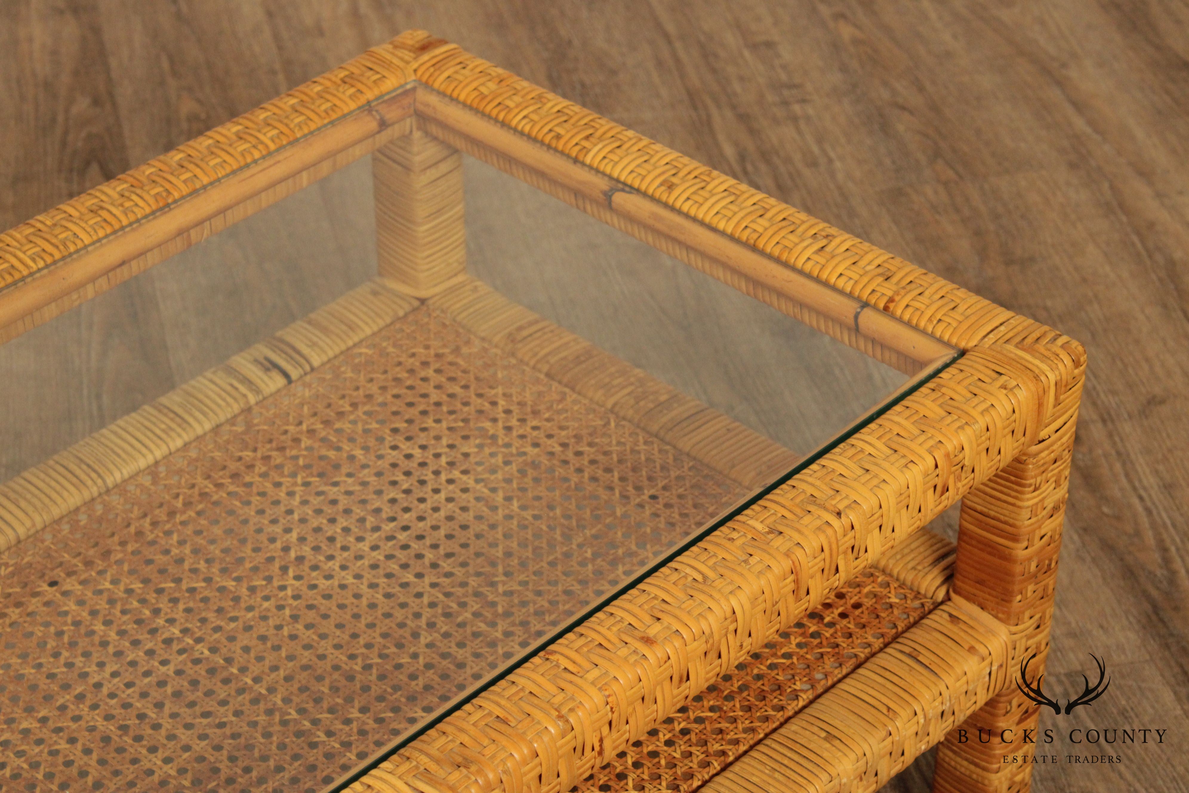 Vintage Wicker Rattan Glass Top Coffee Table