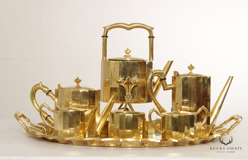 J. Jiminez Art Deco Style Brass 7 Piece Coffee & Tea Set