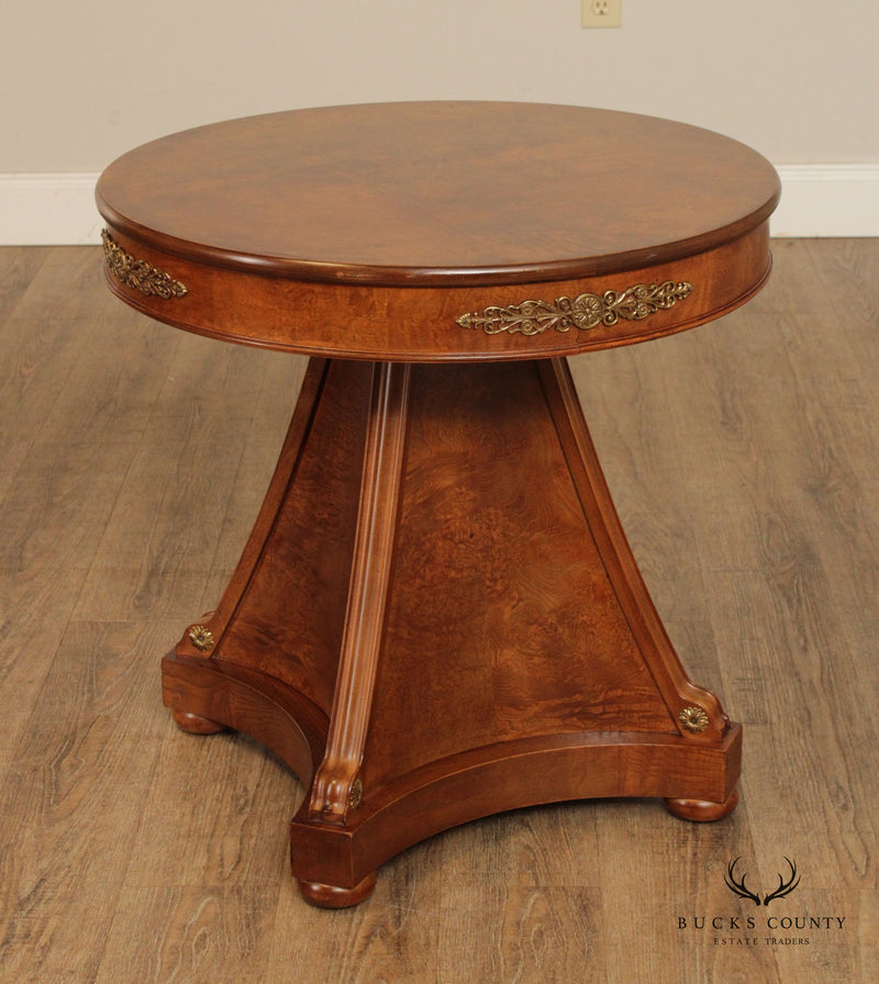 Henredon Charles X Empire Style Pair Burlwood Round Pedestal End Tables