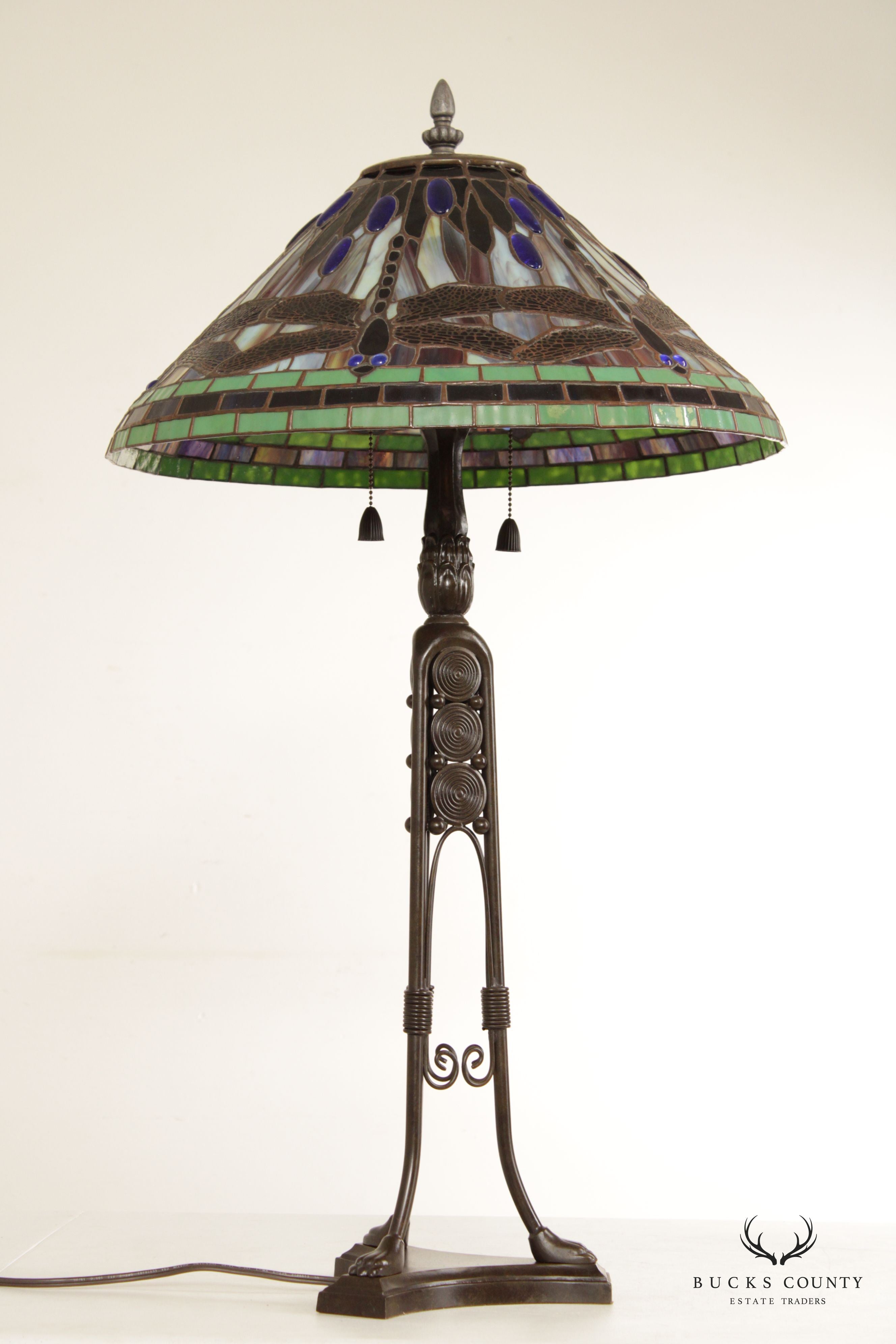 Quoizel Art Nouveau Style Dragon Fly Stained Glass Lamp