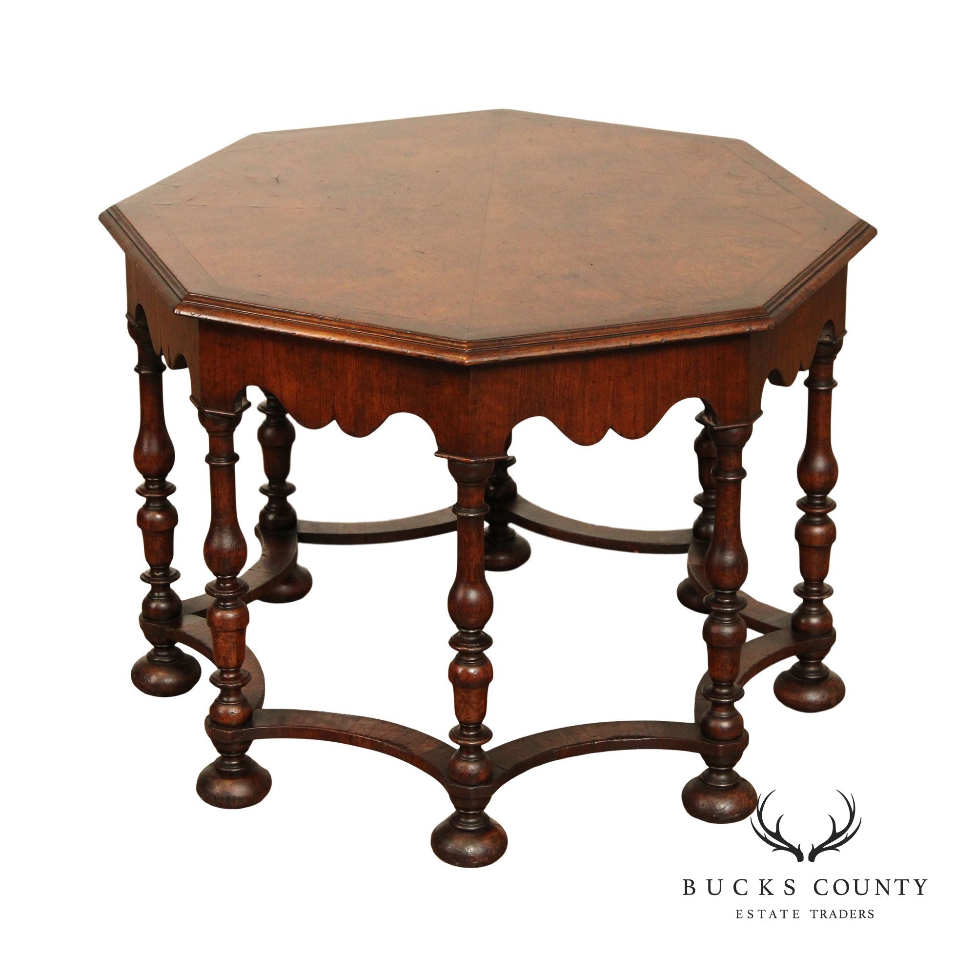 English William & Mary Style Carved Walnut Octagonal Coffee Table