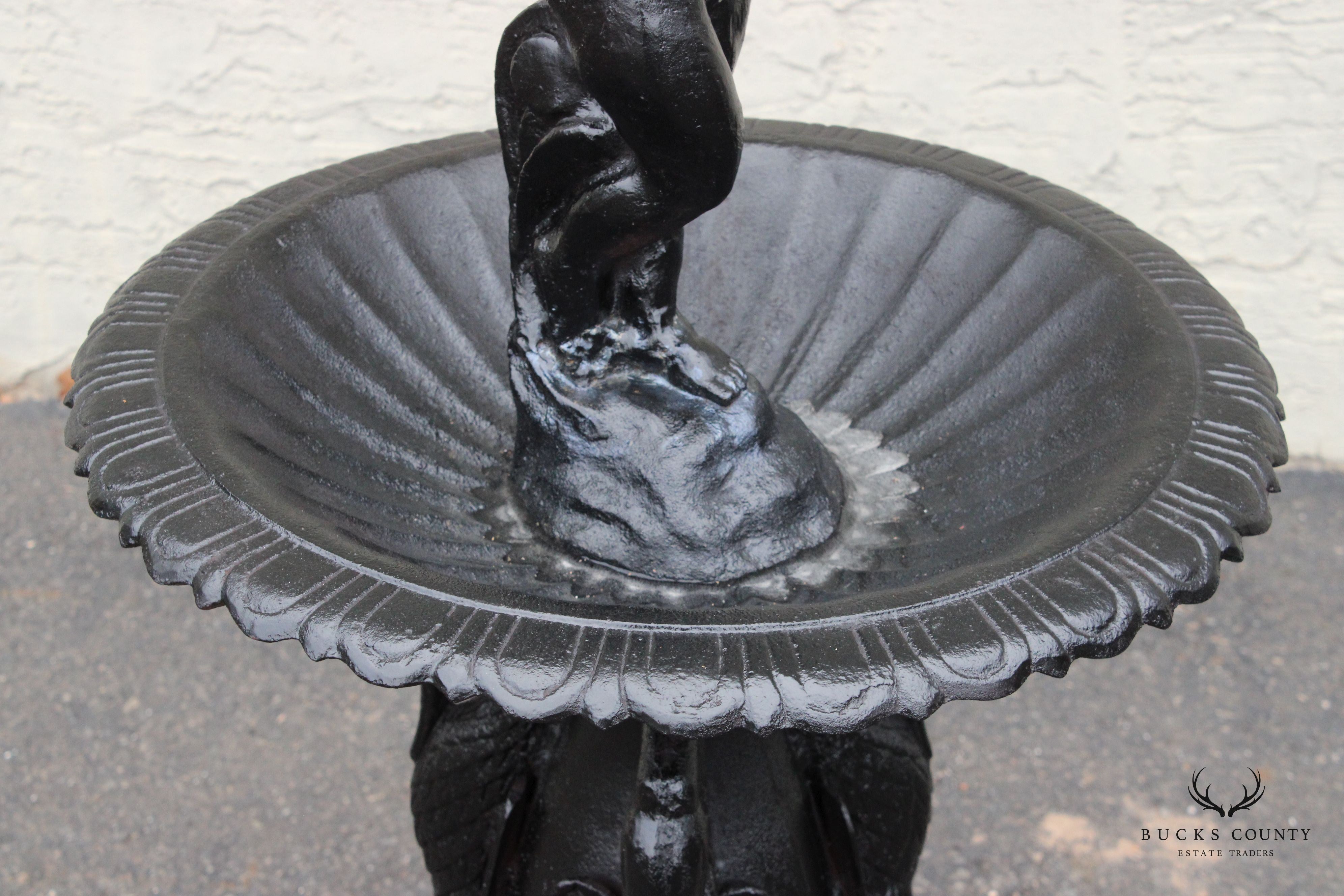 Neoclassical Style Cast Iron Cherub and Swan Garden Bird Bath