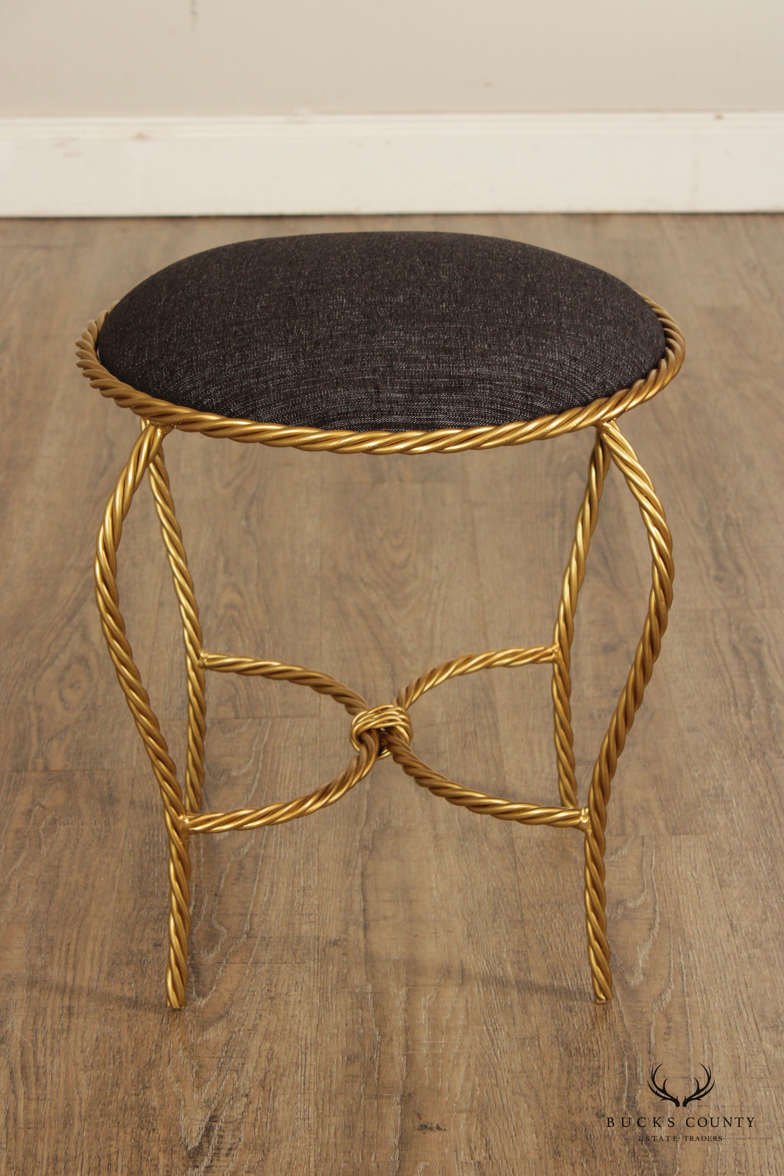 Hollywood Regency Pair of Gilt Metal Rope Twist Stools