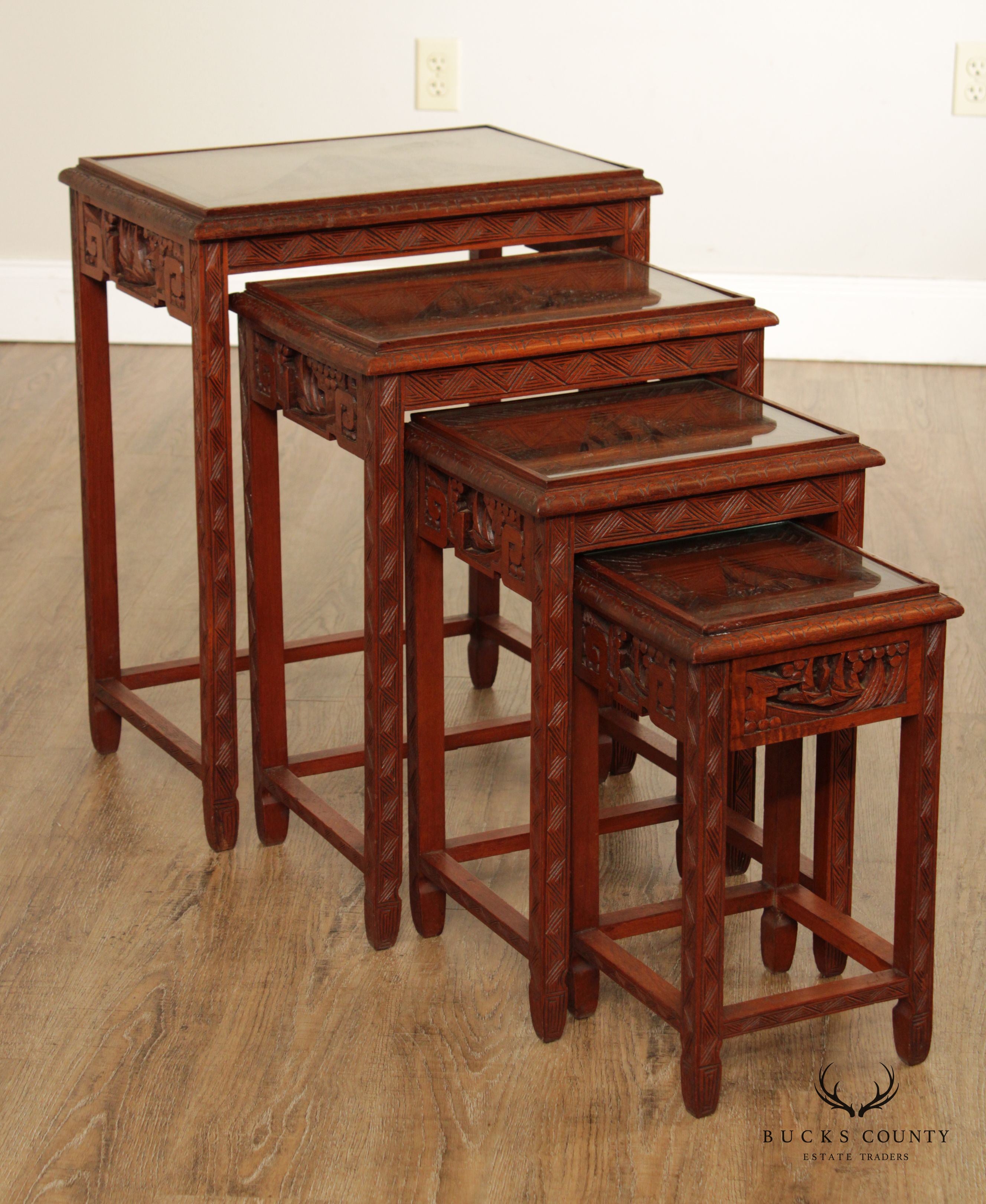 Chinoiserie Carved Set of Four Hardwood Glass Top Nesting Tables