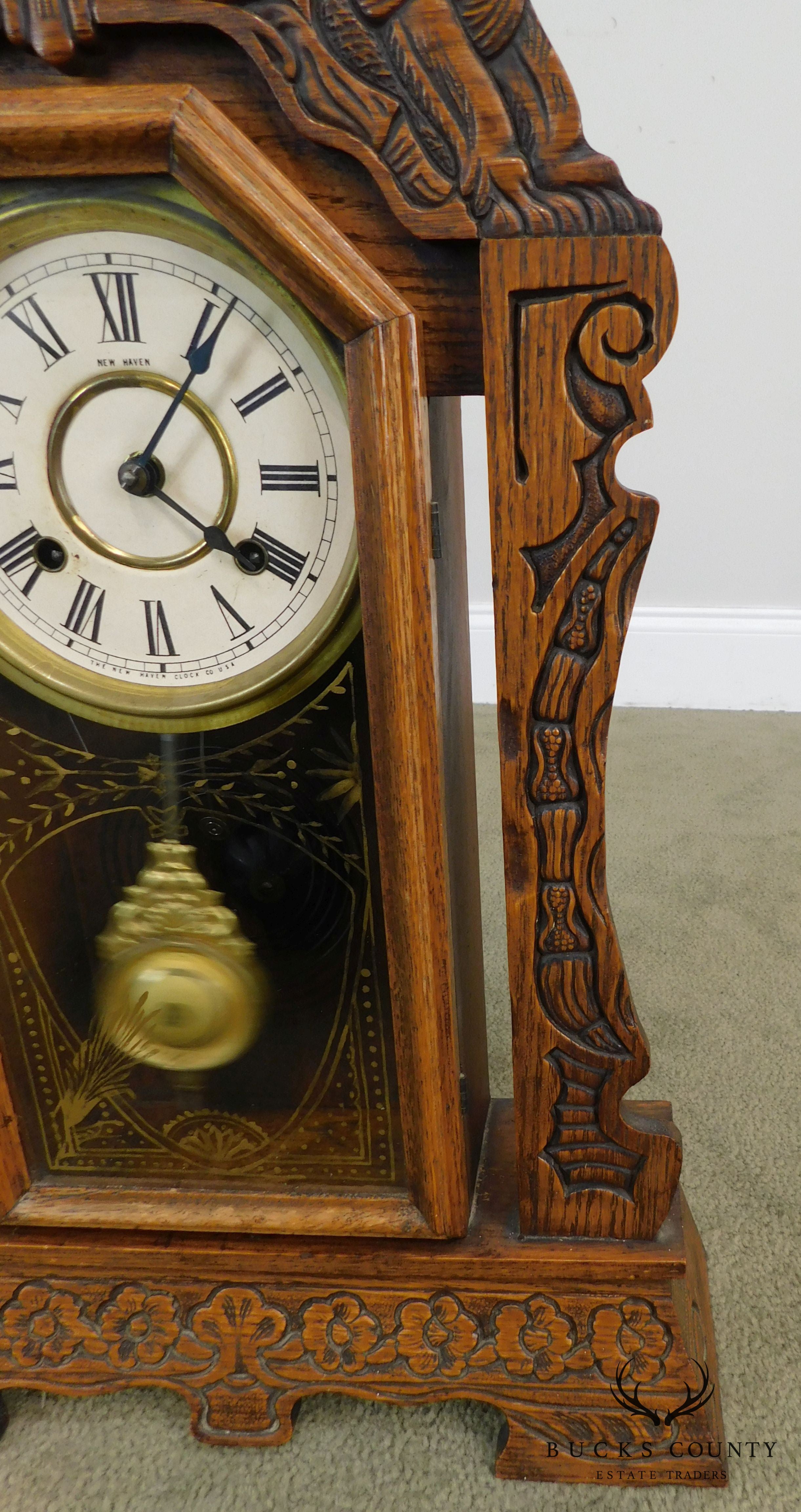 New Haven Antique Lion Carved Oak Gingerbread Kitchen Clock