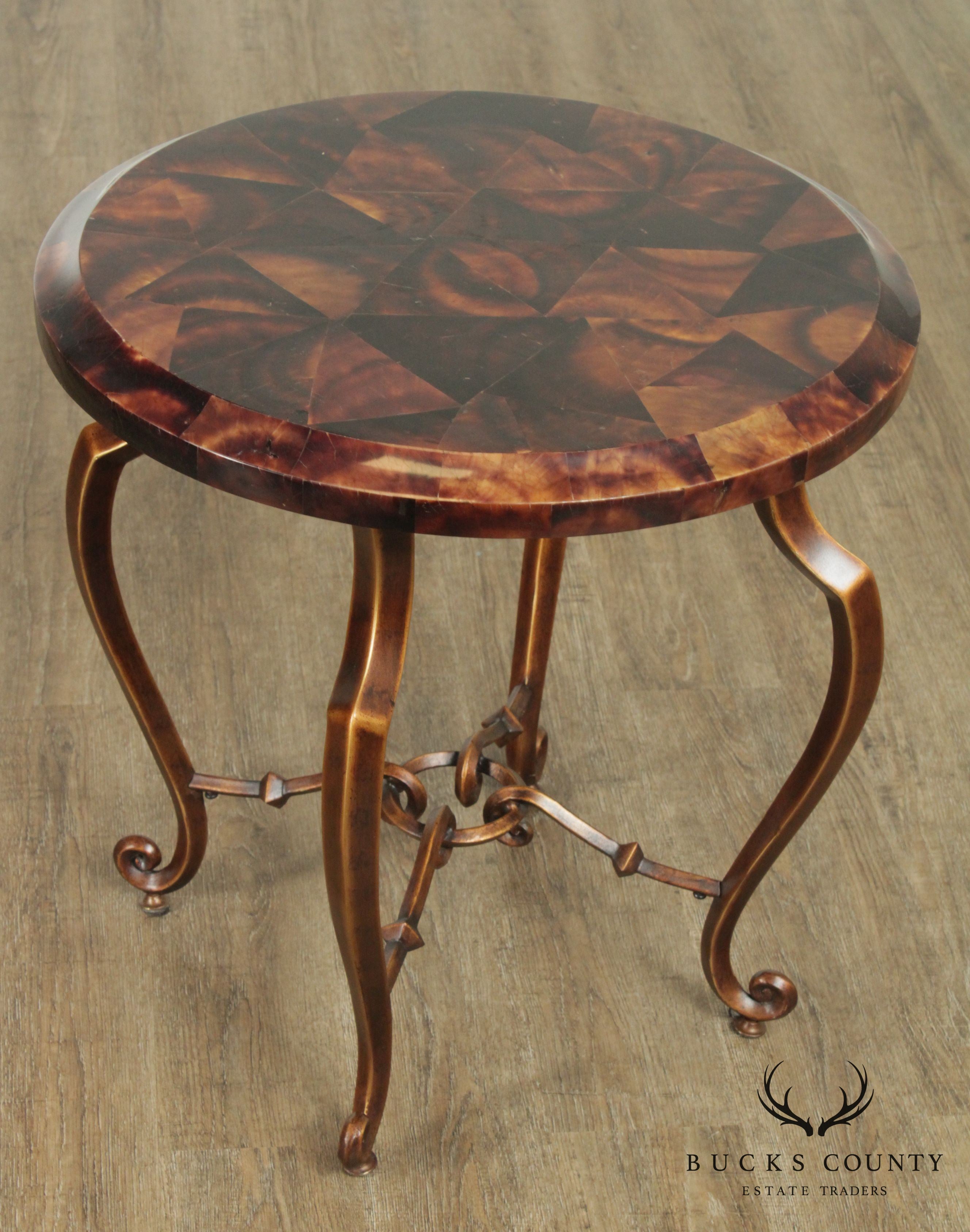 Regency Style Round Faux Tessellated Horn Iron Base Side Table