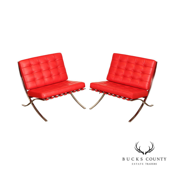 Mid Century Modern Style Pair of Red Leather 'Barcelona' Lounge Chairs