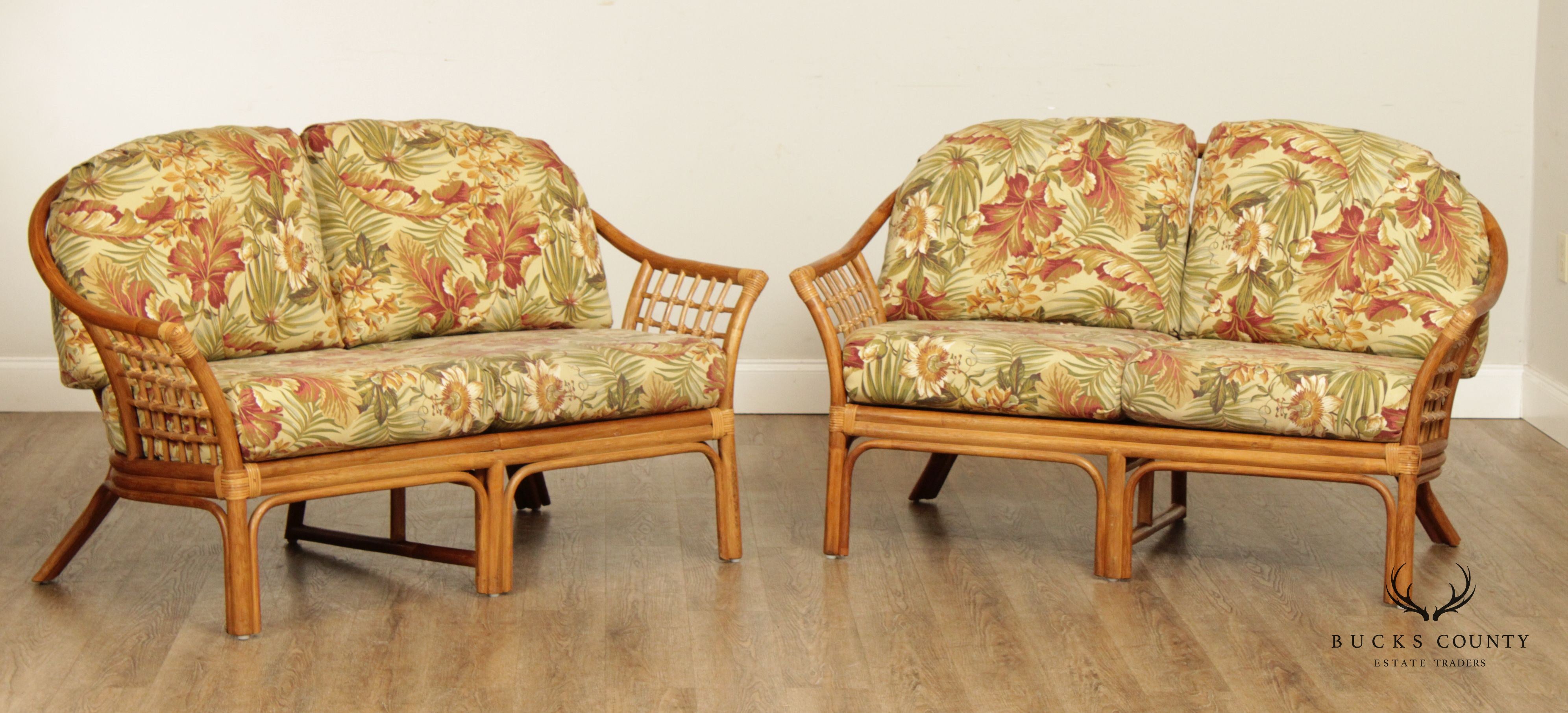 Mid Century Pair Bentwood Rattan Loveseats with Custom Cushions