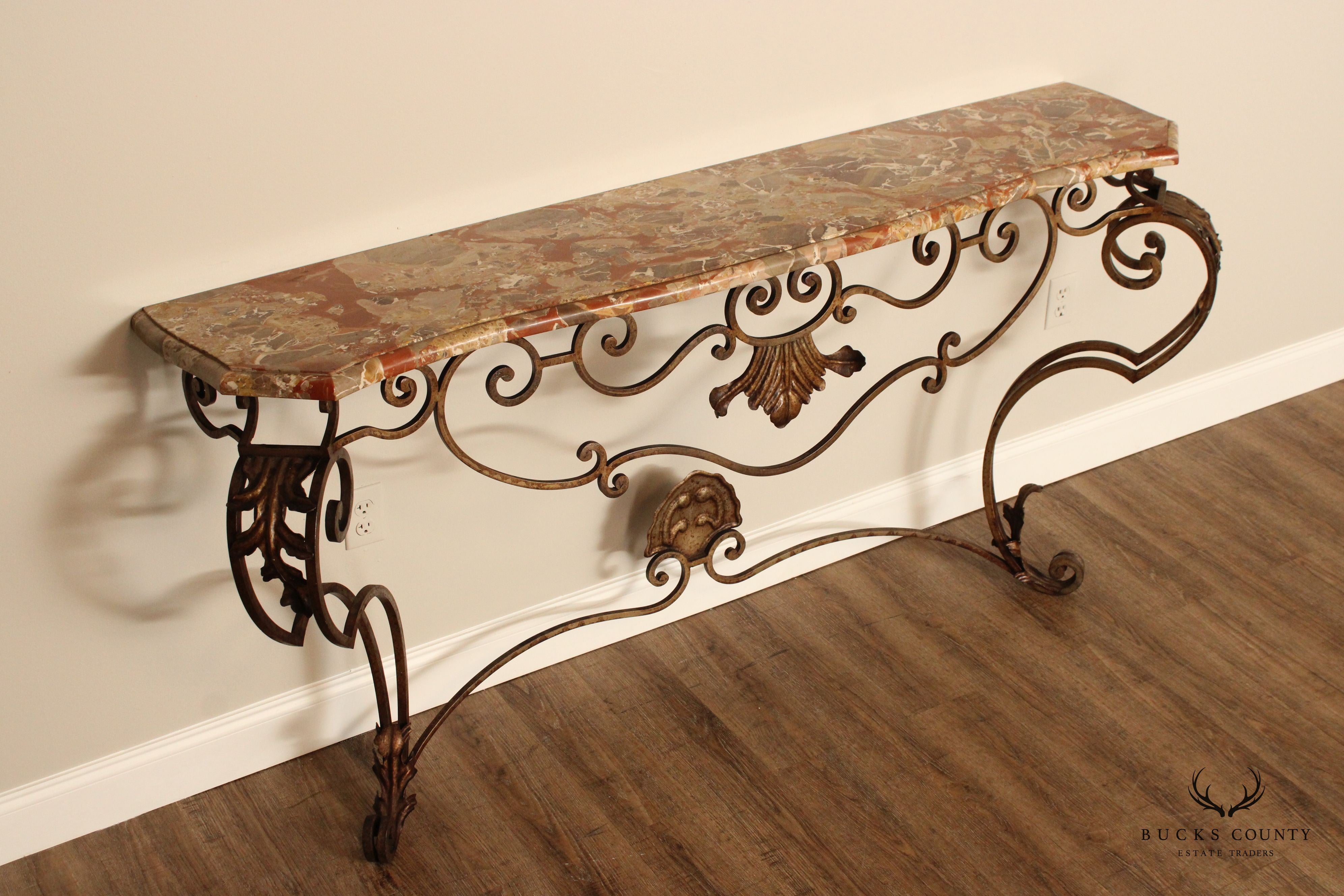 Rococo Style Custom Wrought Iron Marble Top Console Table