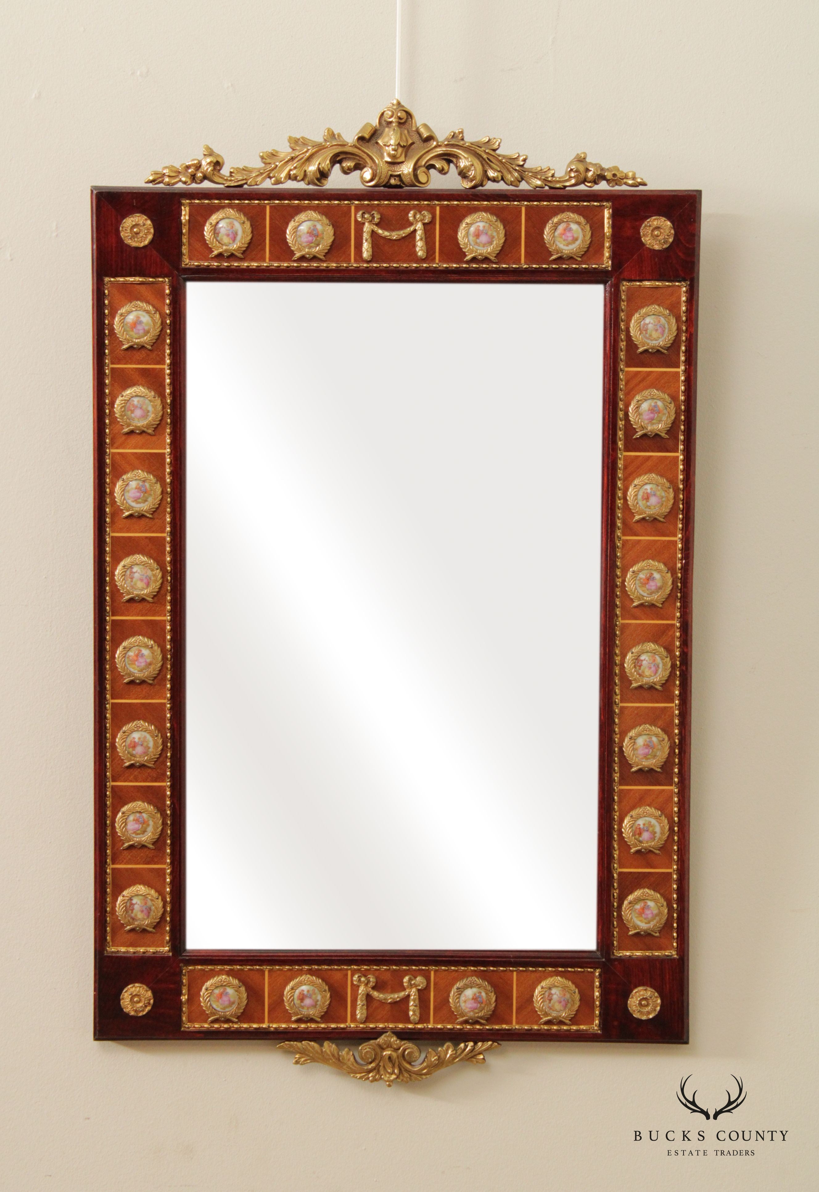 Italian Louis XV Neoclassical Style Mahogany and Brass Console Mirror With Porcelain Plaques