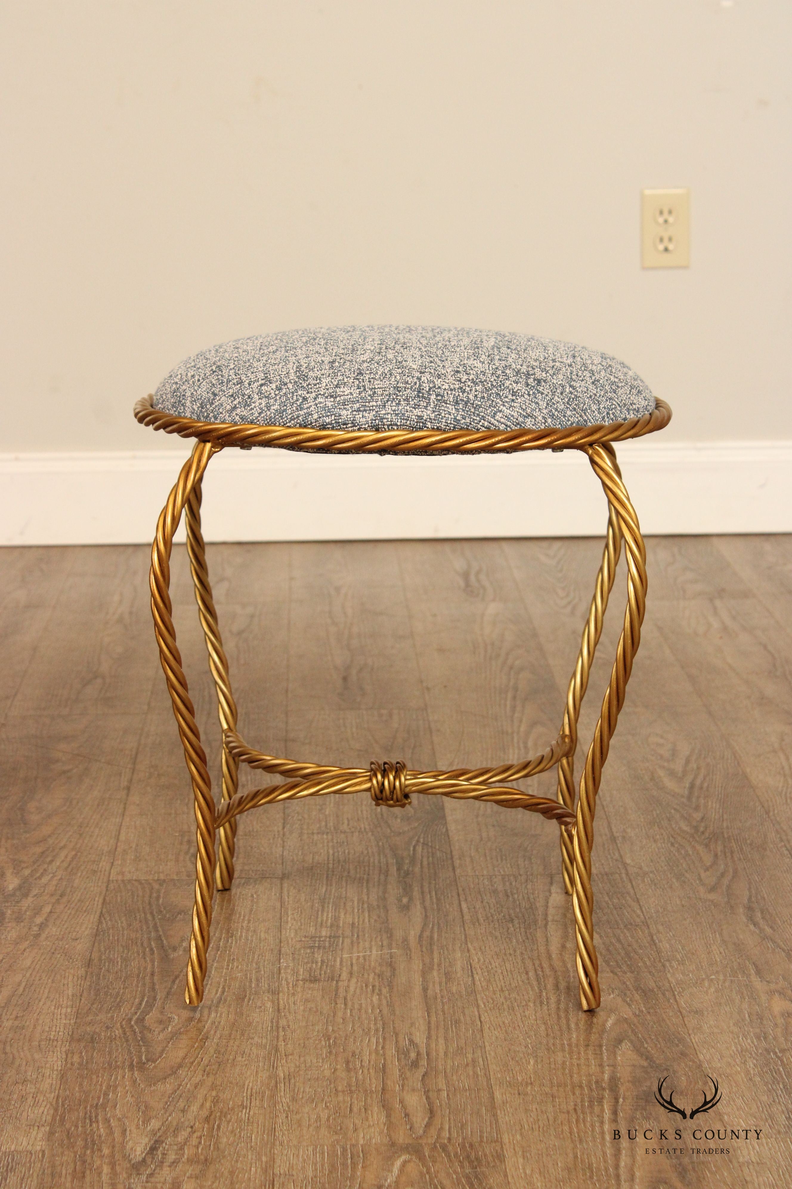 Hollywood Regency Pair of Gilt Metal Rope Twist Stools