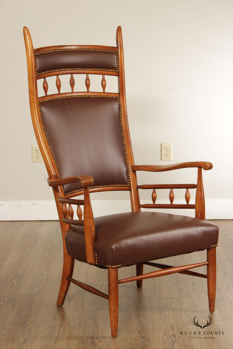 Mid Century Unusual High Back Sculpted Maple & Leather Arm Chair