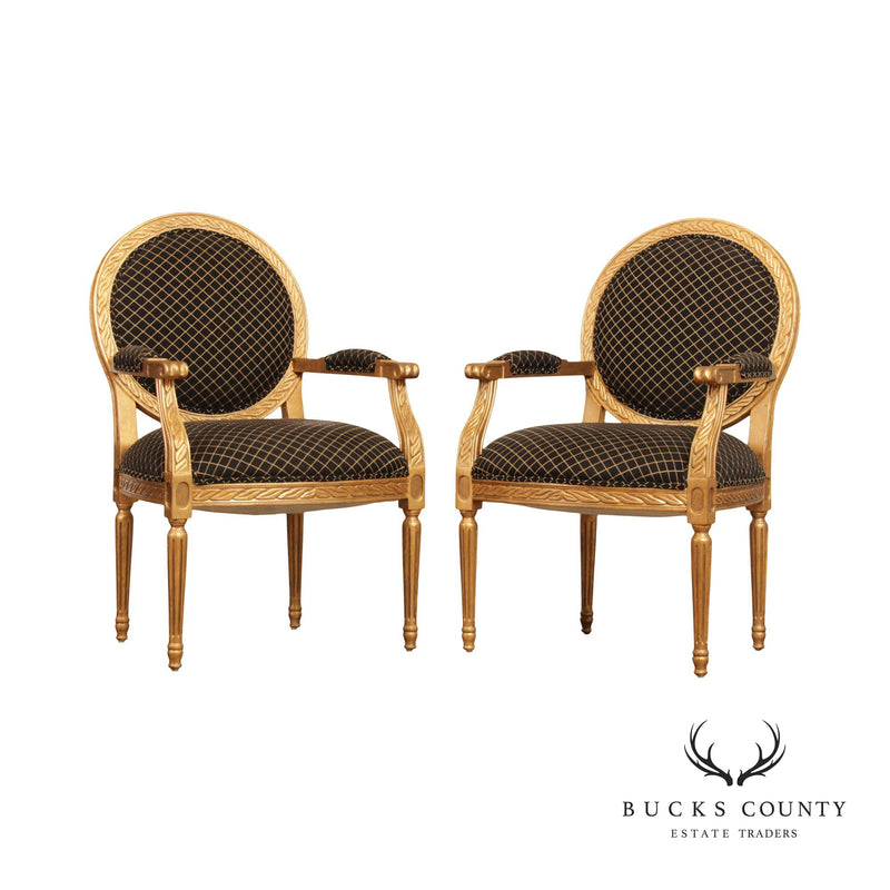 Pair of Louis XV Style Gold Gilt Parlor Chairs Armchairs