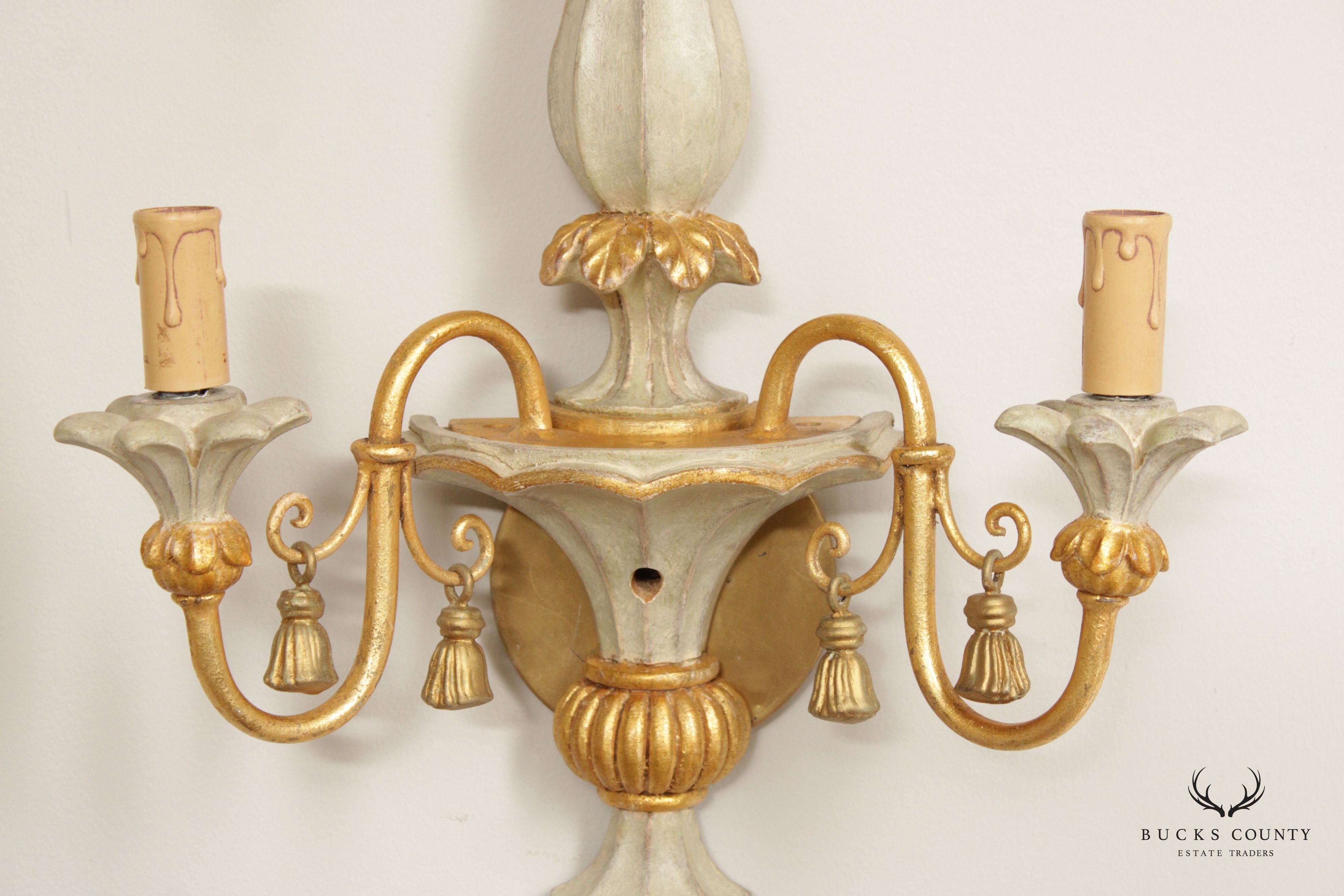 Italian Hollywood Regency Pair Parcel Gilt 2-Light Wall Sconces