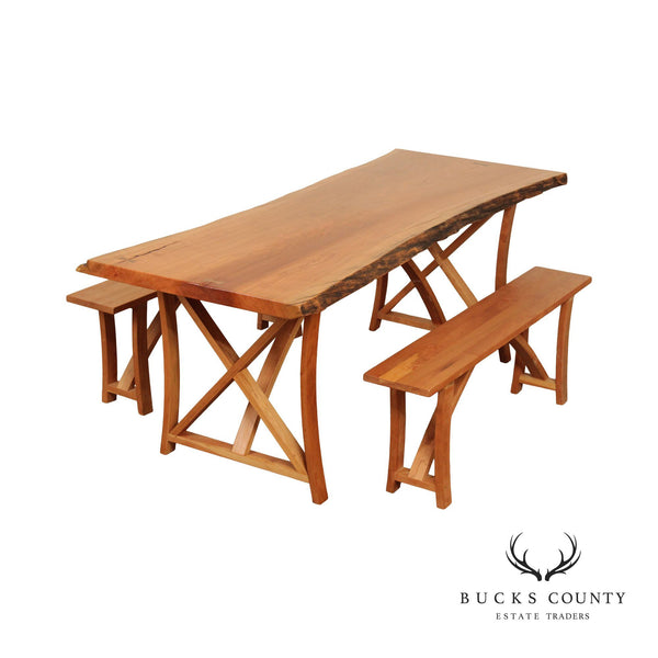 Hand Crafted Live Edge Cherry Farmhouse Dining Table with Benches