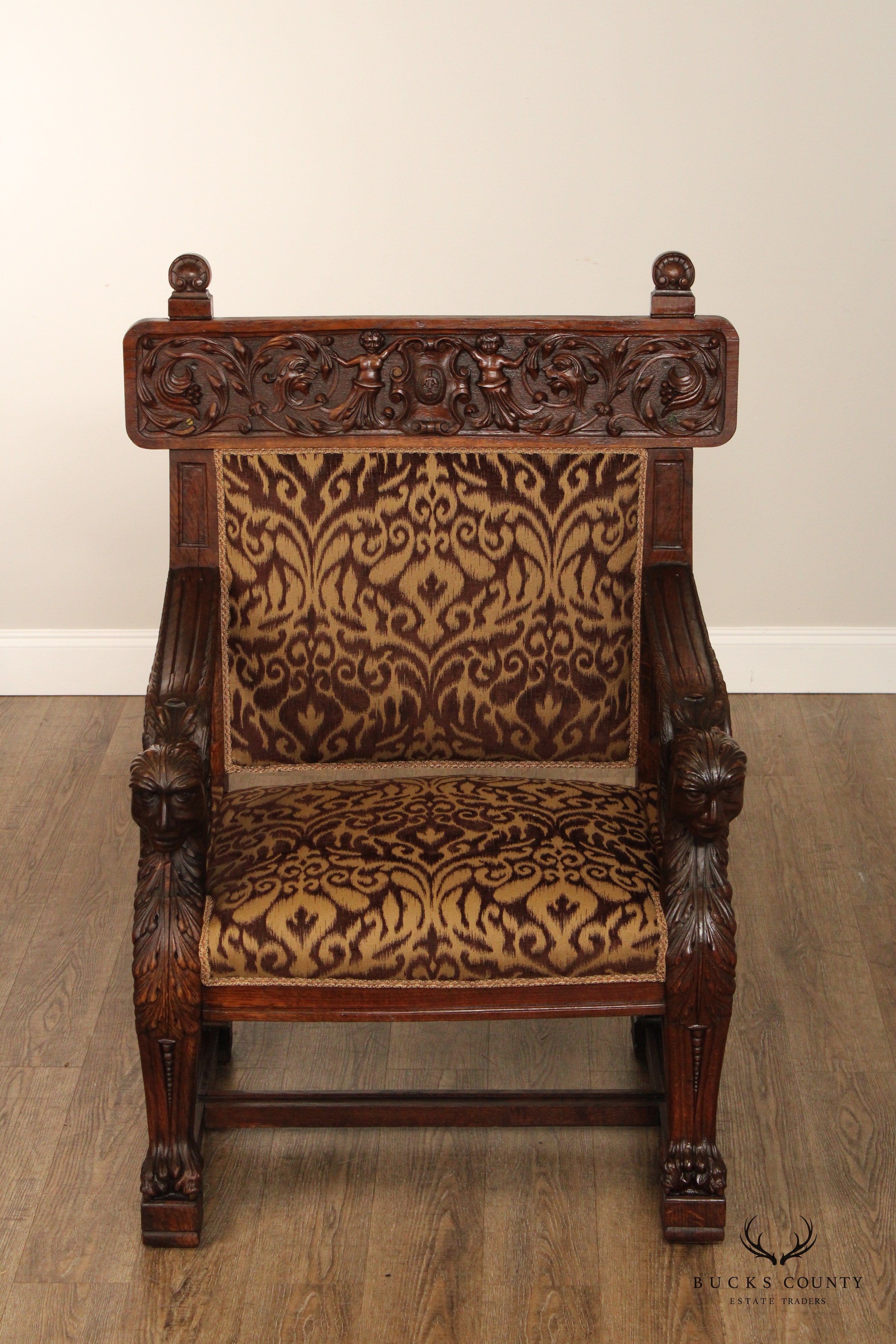 Antique Italian Renaissance Style Pair of Carved Oak Armchairs