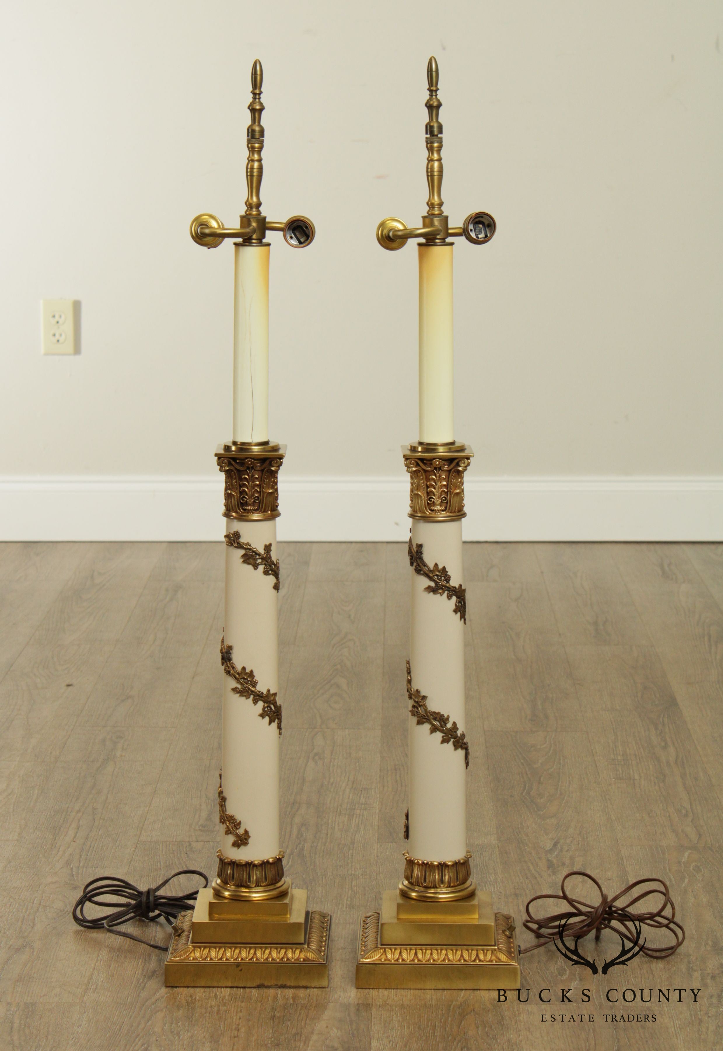 Stiffel Neo-Classical Style Pair Ivory Lacquered And Brass Column Table Lamps